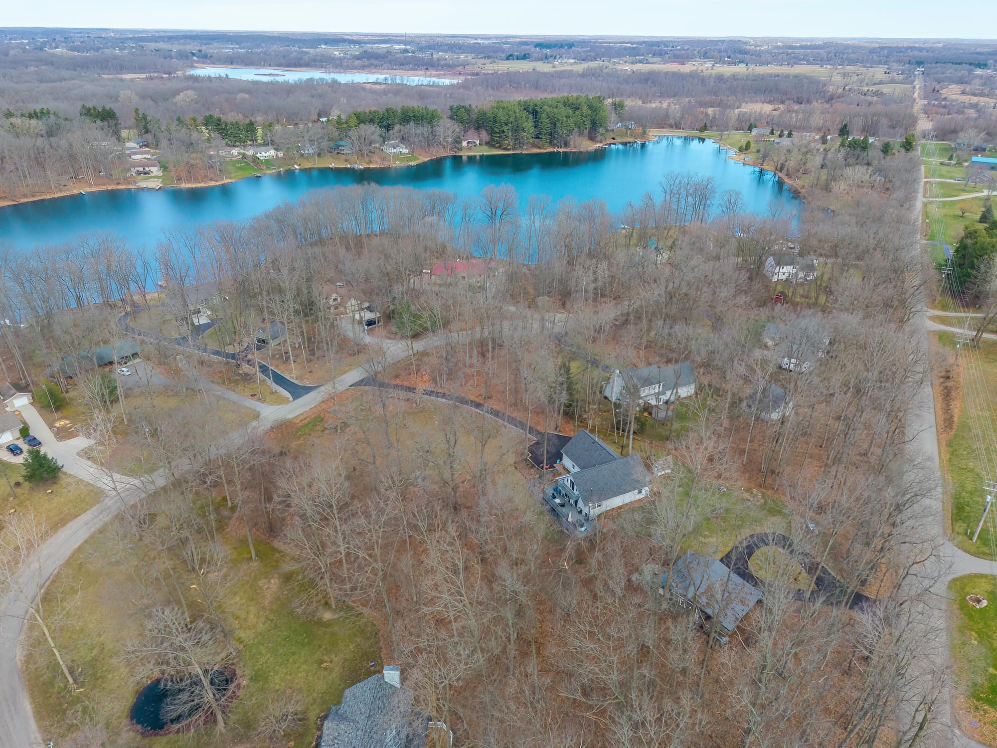 Drone / aerial view of a large body of water and a forest