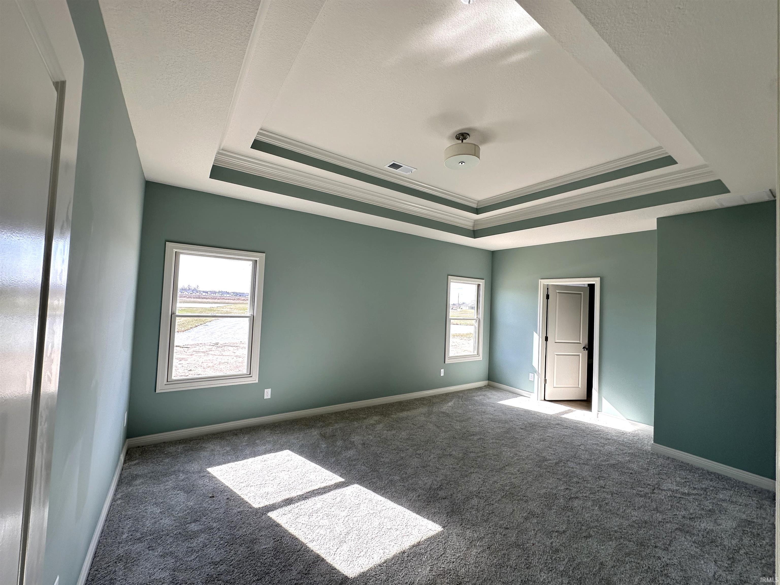 Carpeted empty room with crown molding