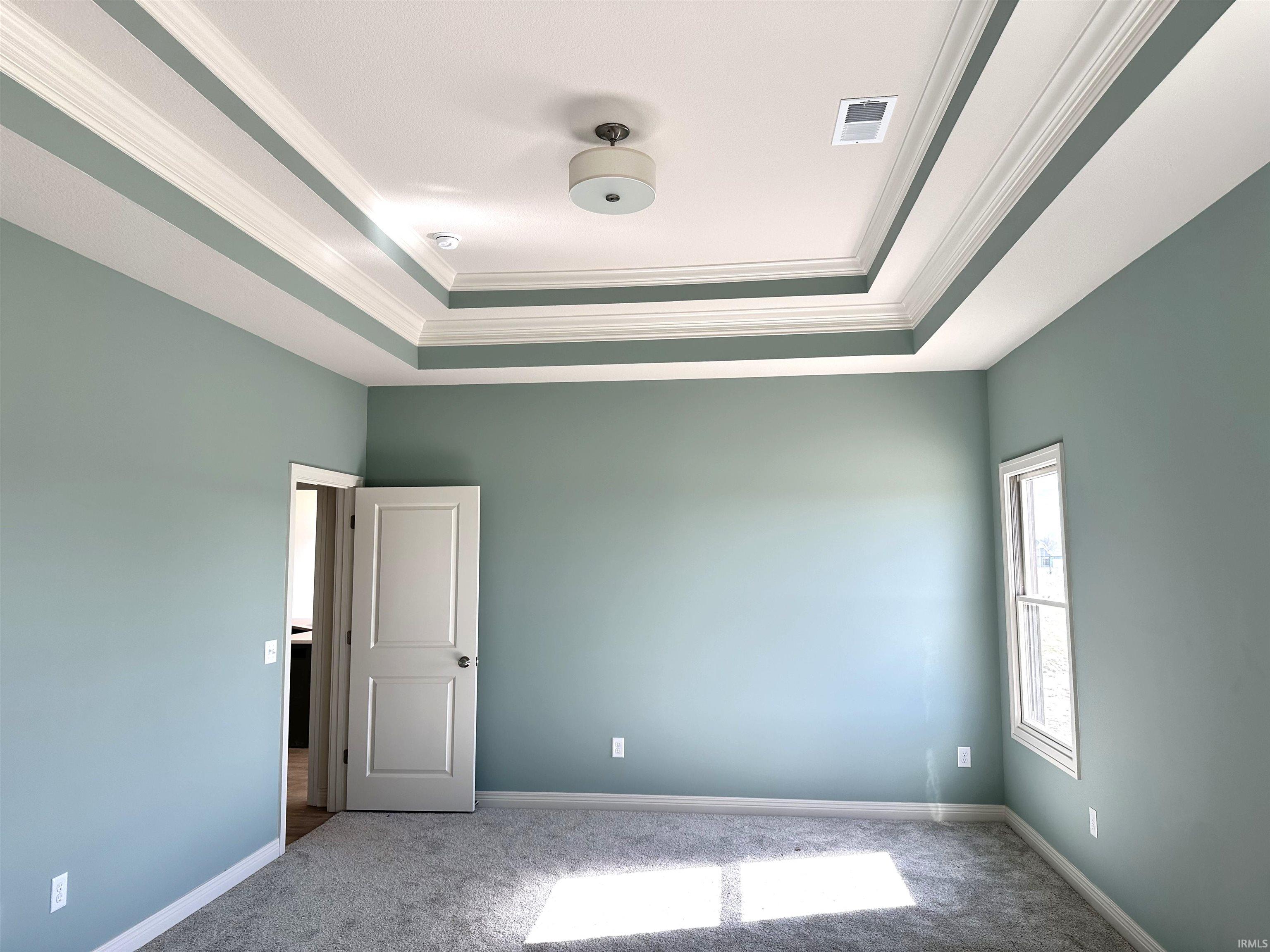 Empty room featuring ornamental molding, light colored carpet, and a raised ceiling
