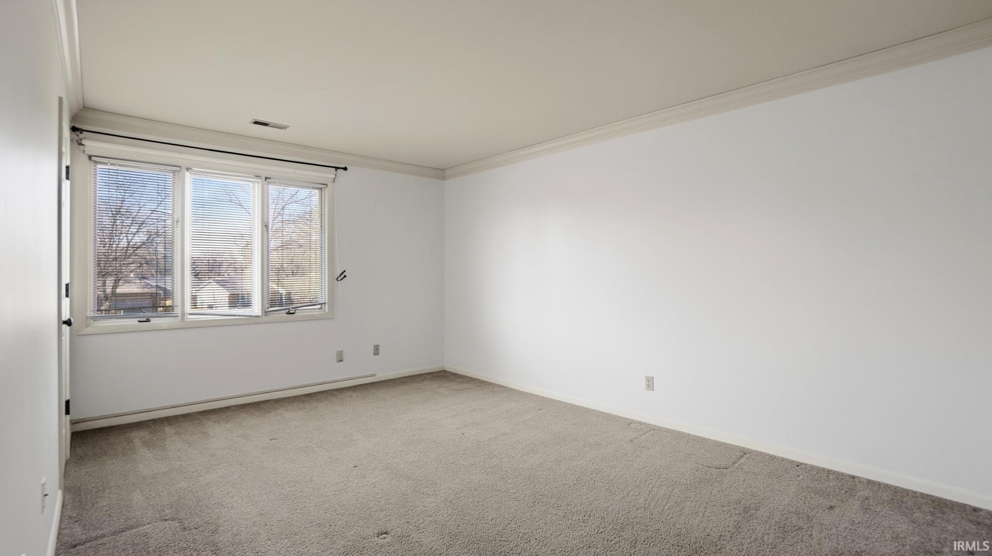 Empty room with crown molding and light colored carpet