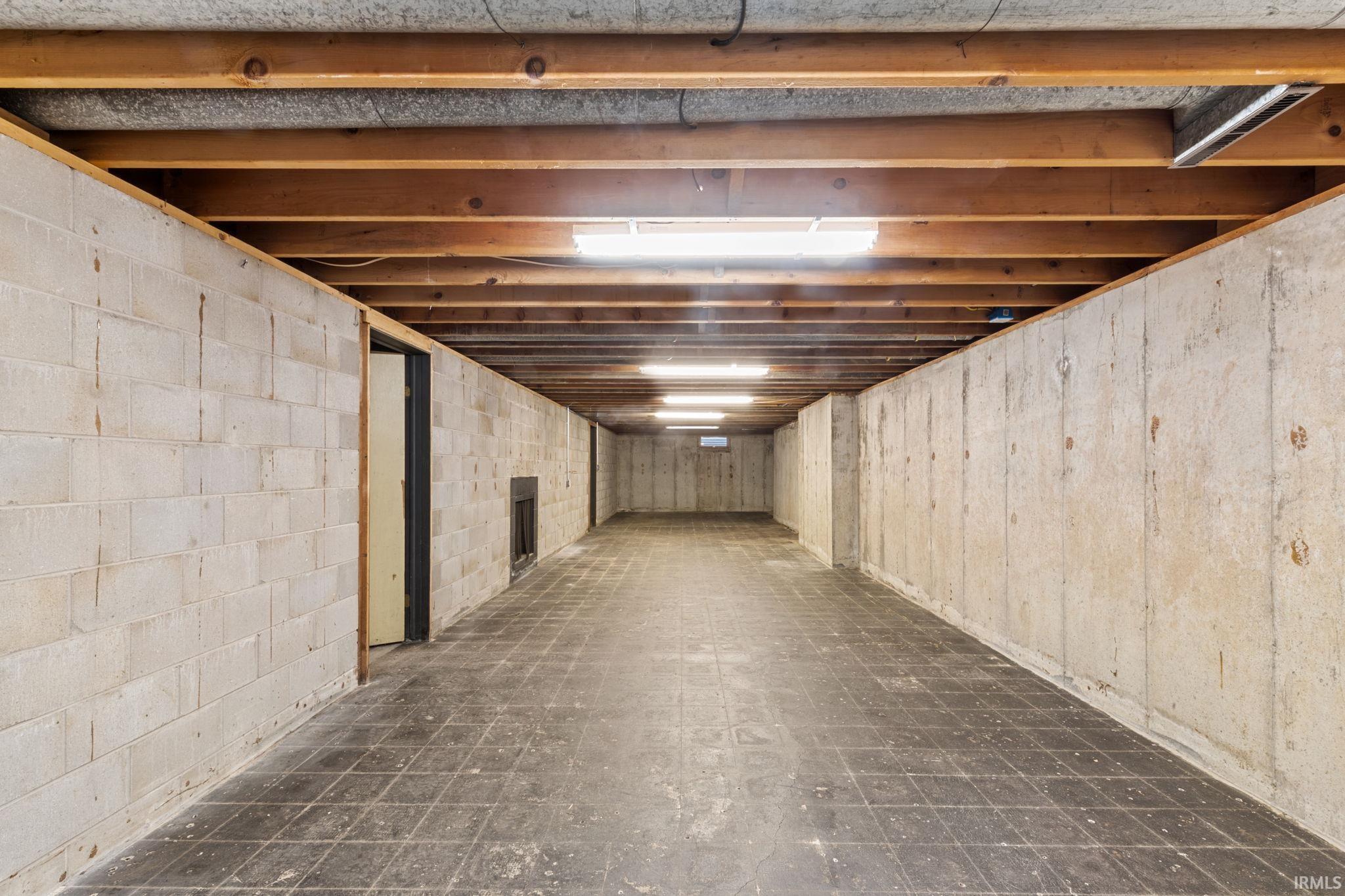 Unfinished below grade area featuring dark floors