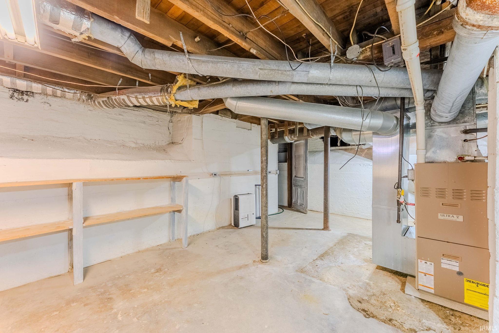 Unfinished basement featuring heating unit