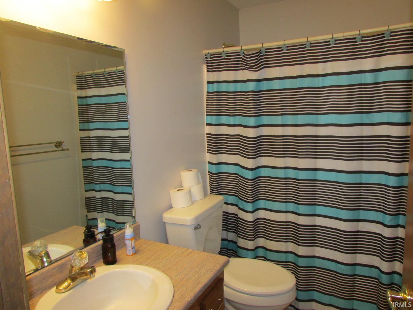 Full bathroom with vanity and a shower with curtain