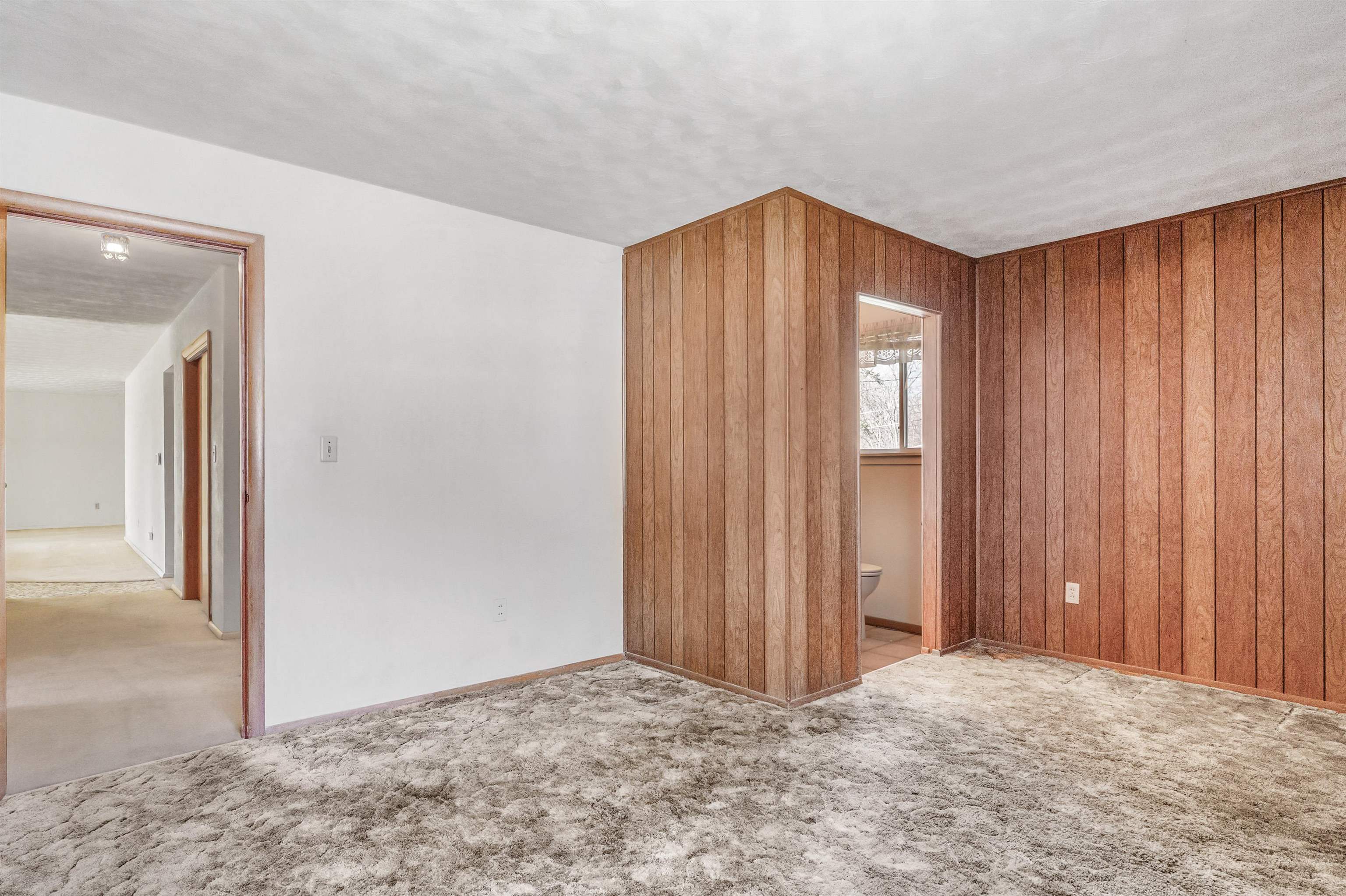 Unfurnished room with light colored carpet and wood walls