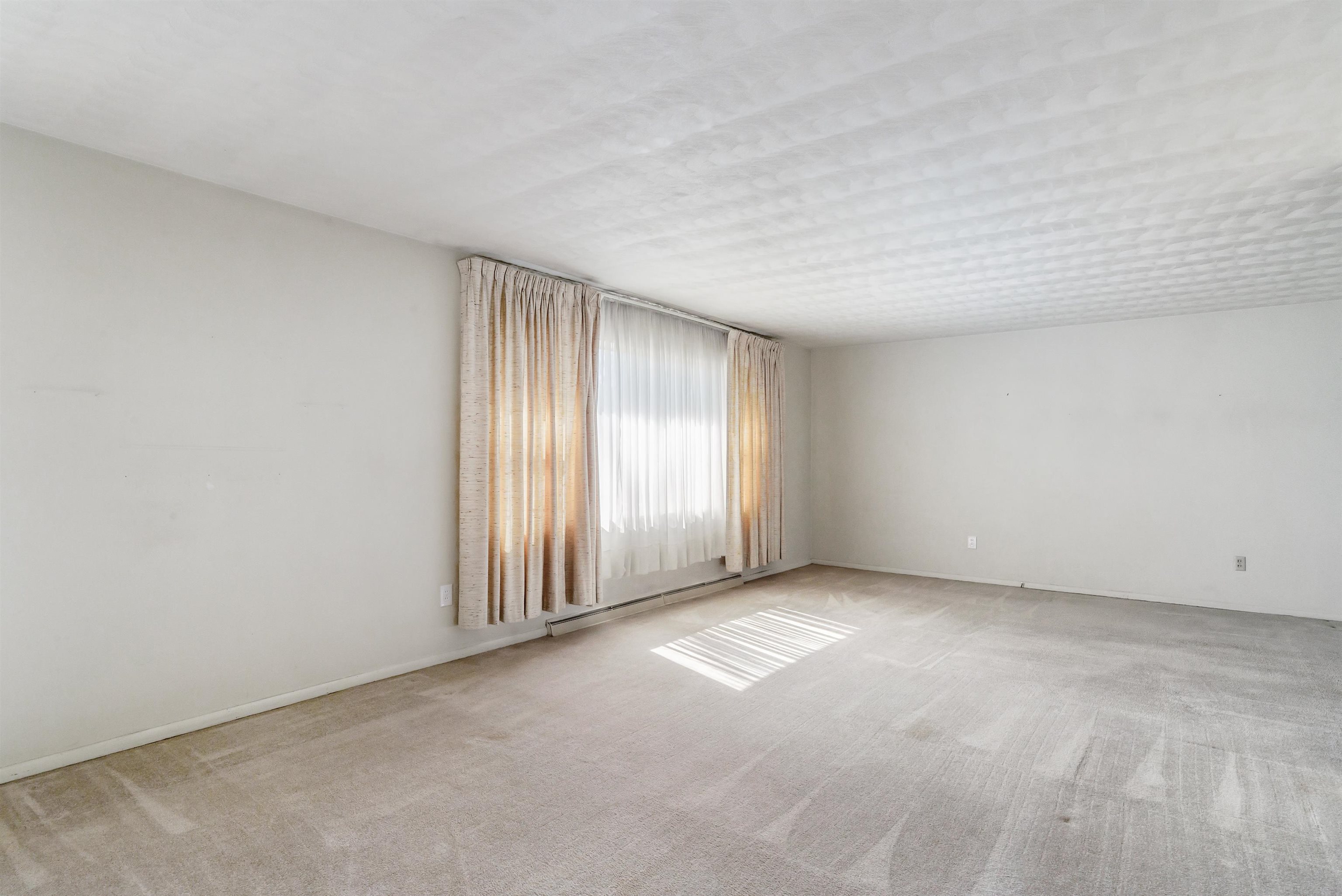 Unfurnished room with light carpet and a baseboard radiator