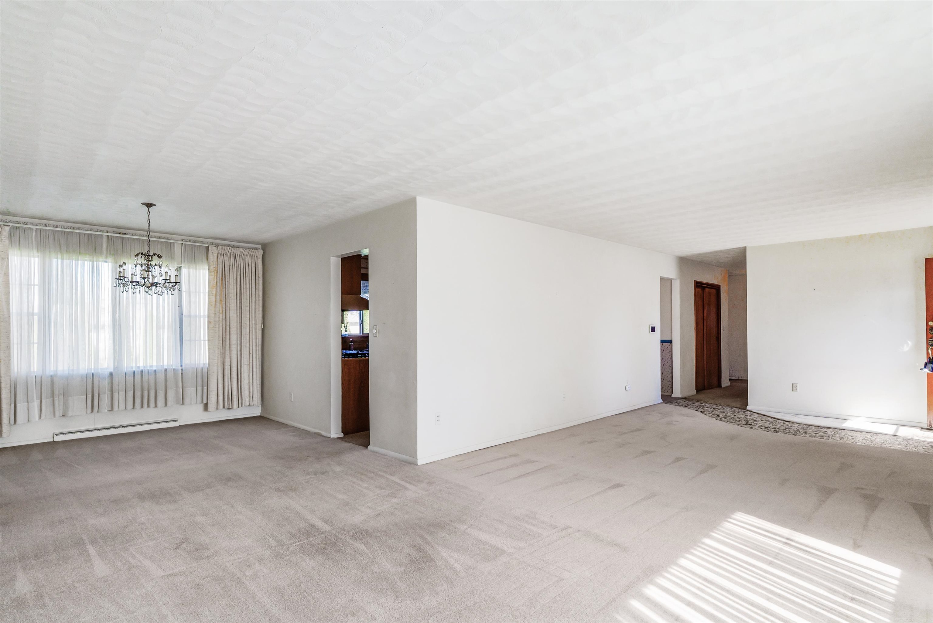 Unfurnished room featuring light carpet, suspended lighting, and a baseboard radiator