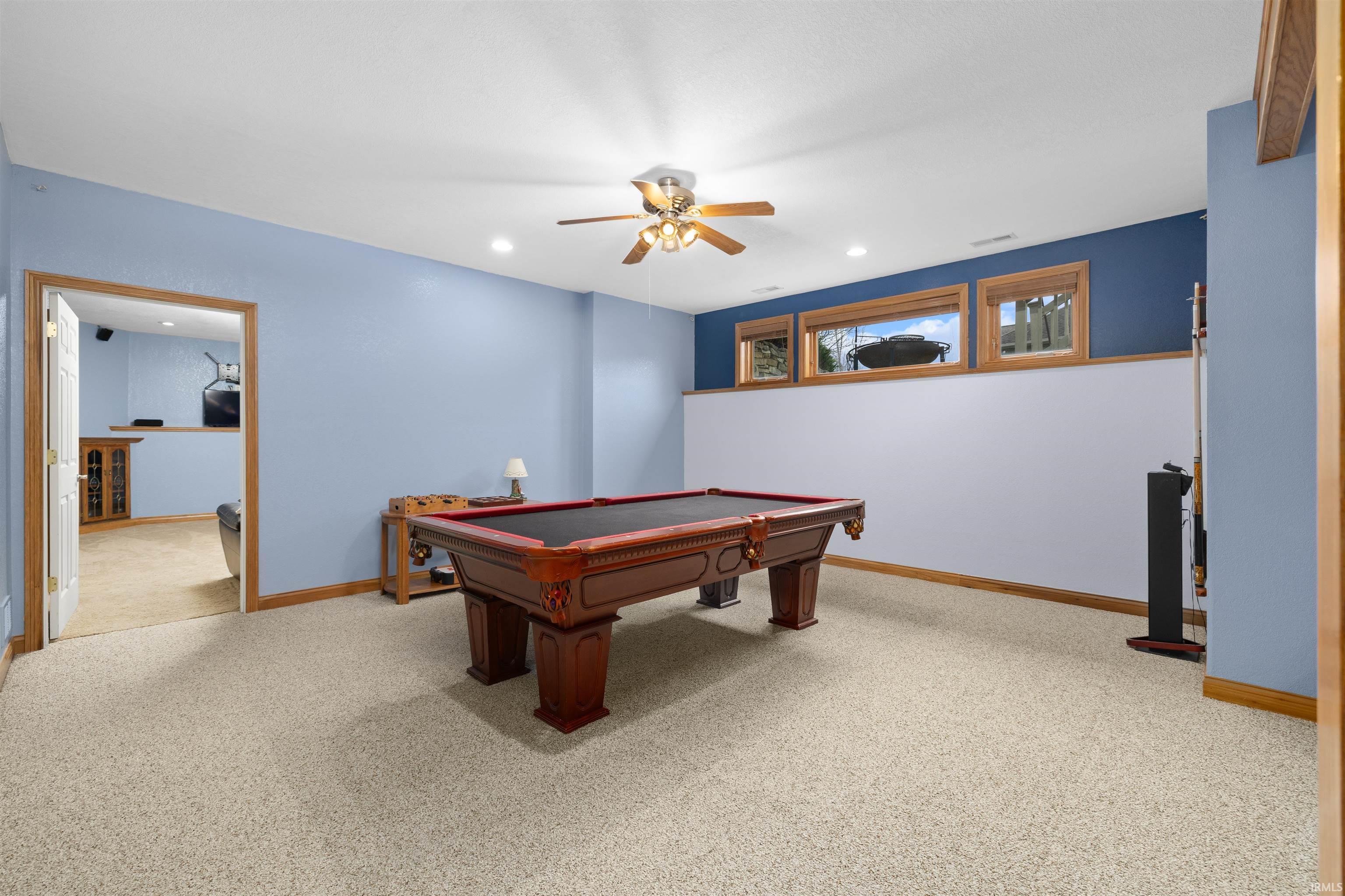 Playroom with billiards, light colored carpet, a ceiling fan, and recessed lighting