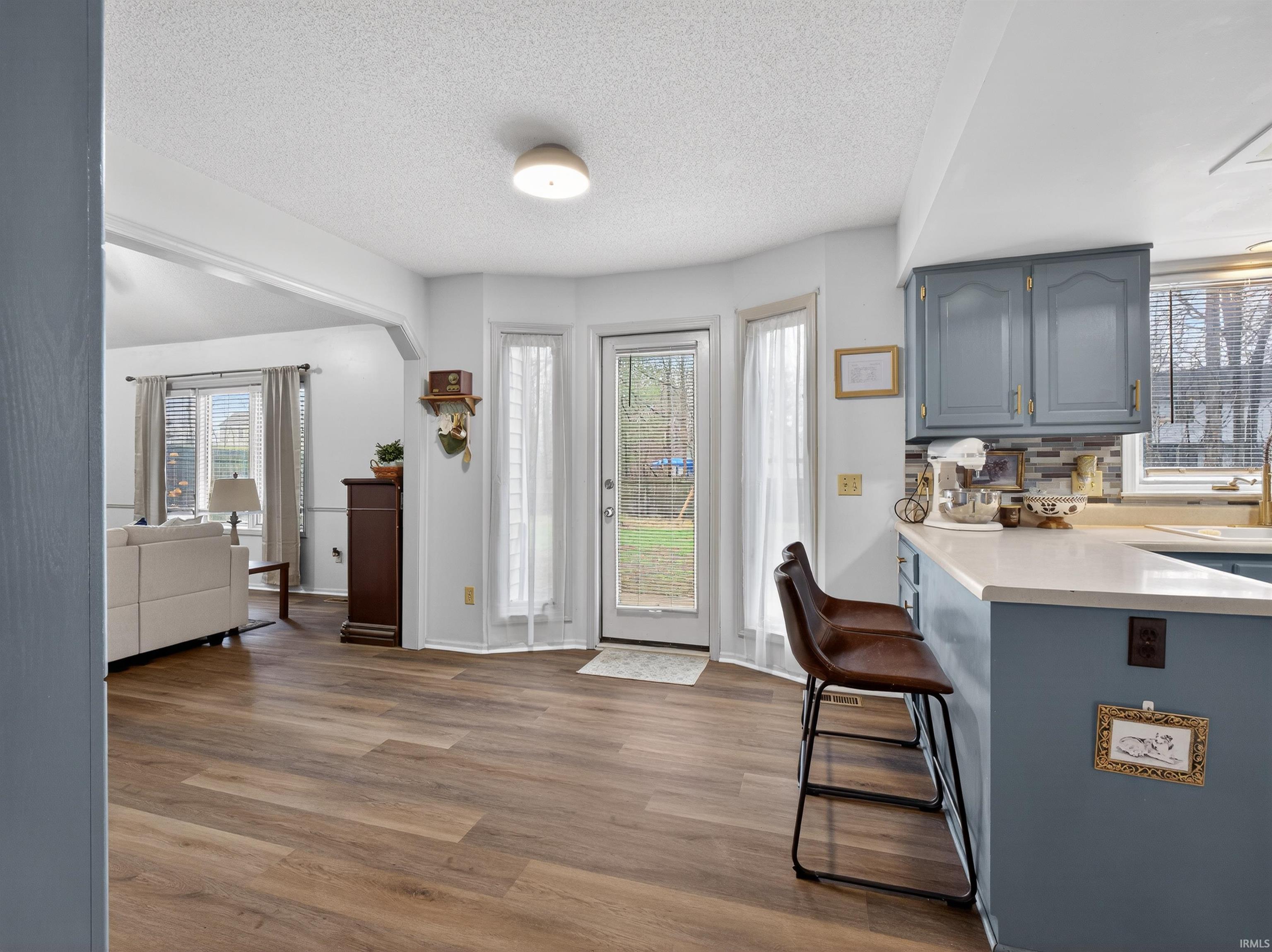 Entrance foyer with dark wood-type flooring, a textured ceiling, and plenty of natural light