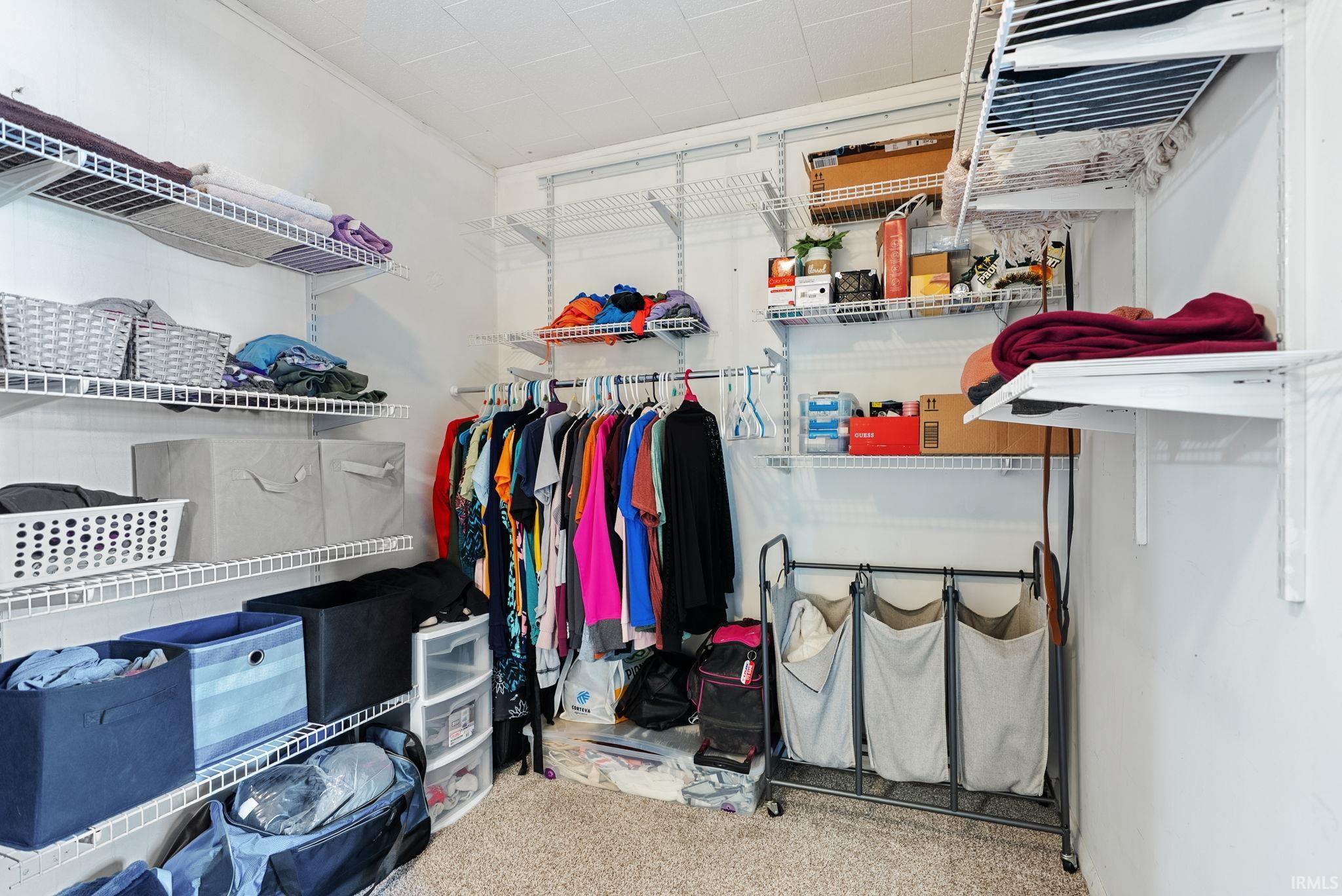 Walk in closet featuring light colored carpet