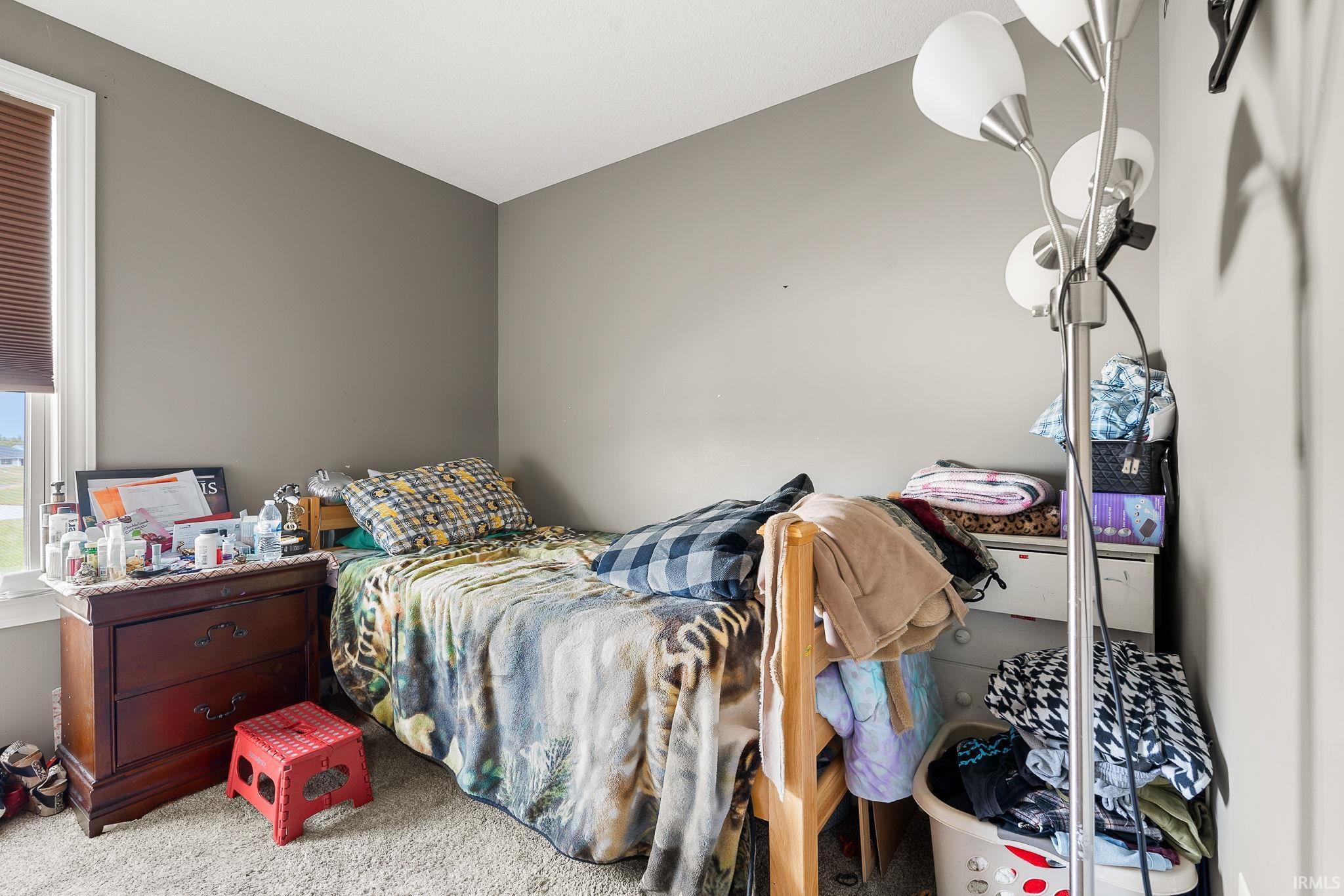 Bedroom with light colored carpet