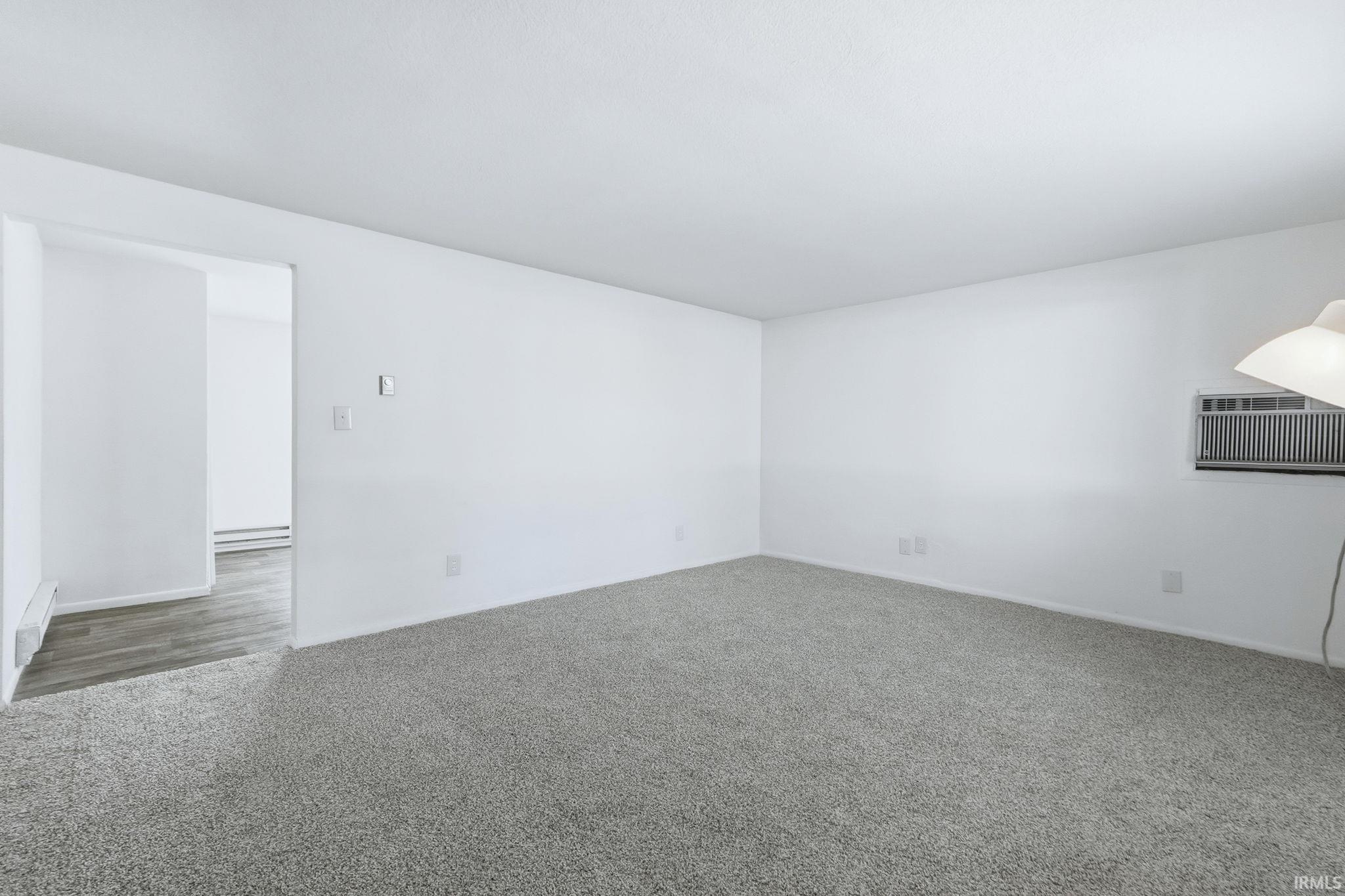 Spare room featuring carpet floors and a baseboard heating unit