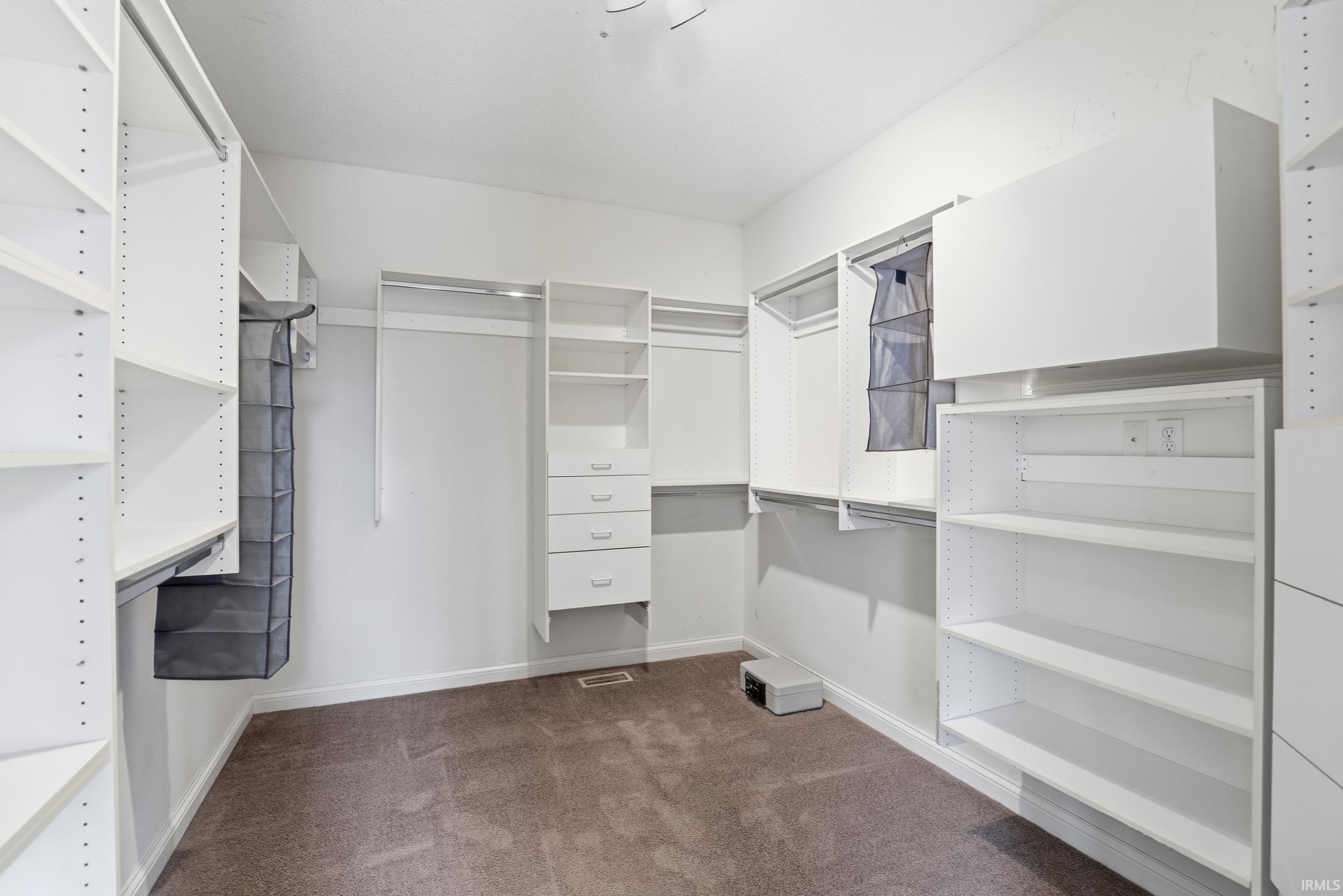 Walk in closet with dark colored carpet