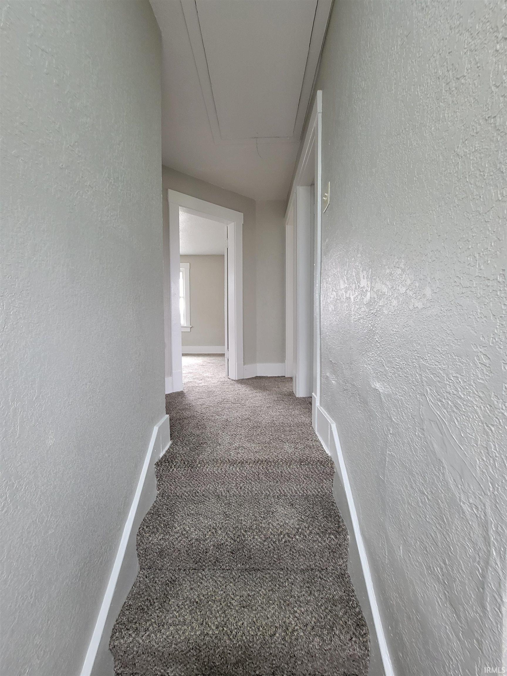 Stairs with a textured wall and carpet