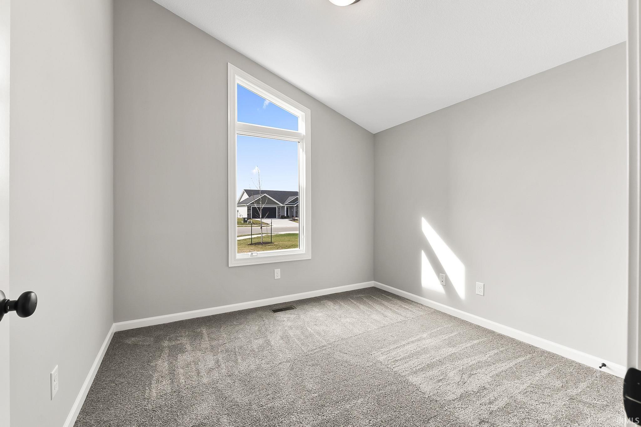 Spare room featuring light carpet and vaulted ceiling