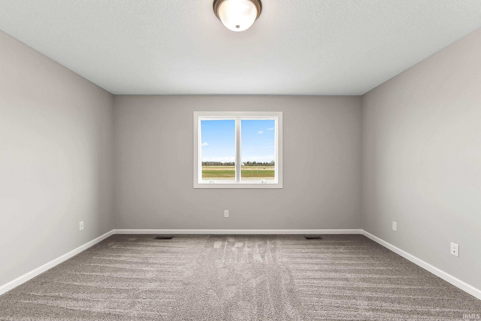 Unfurnished room with light colored carpet and baseboards