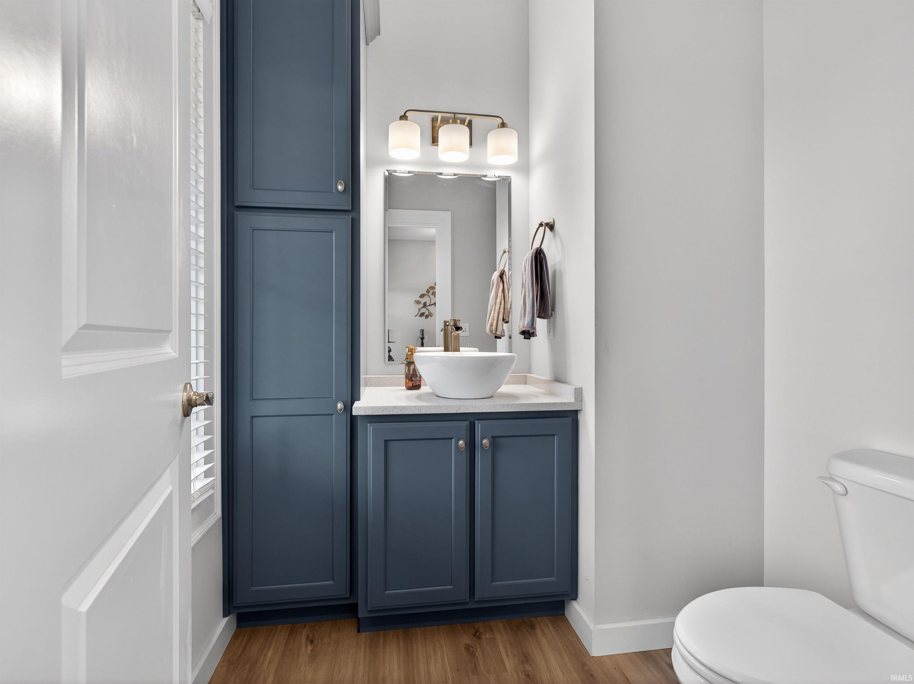 Bathroom featuring vanity and dark wood-style flooring