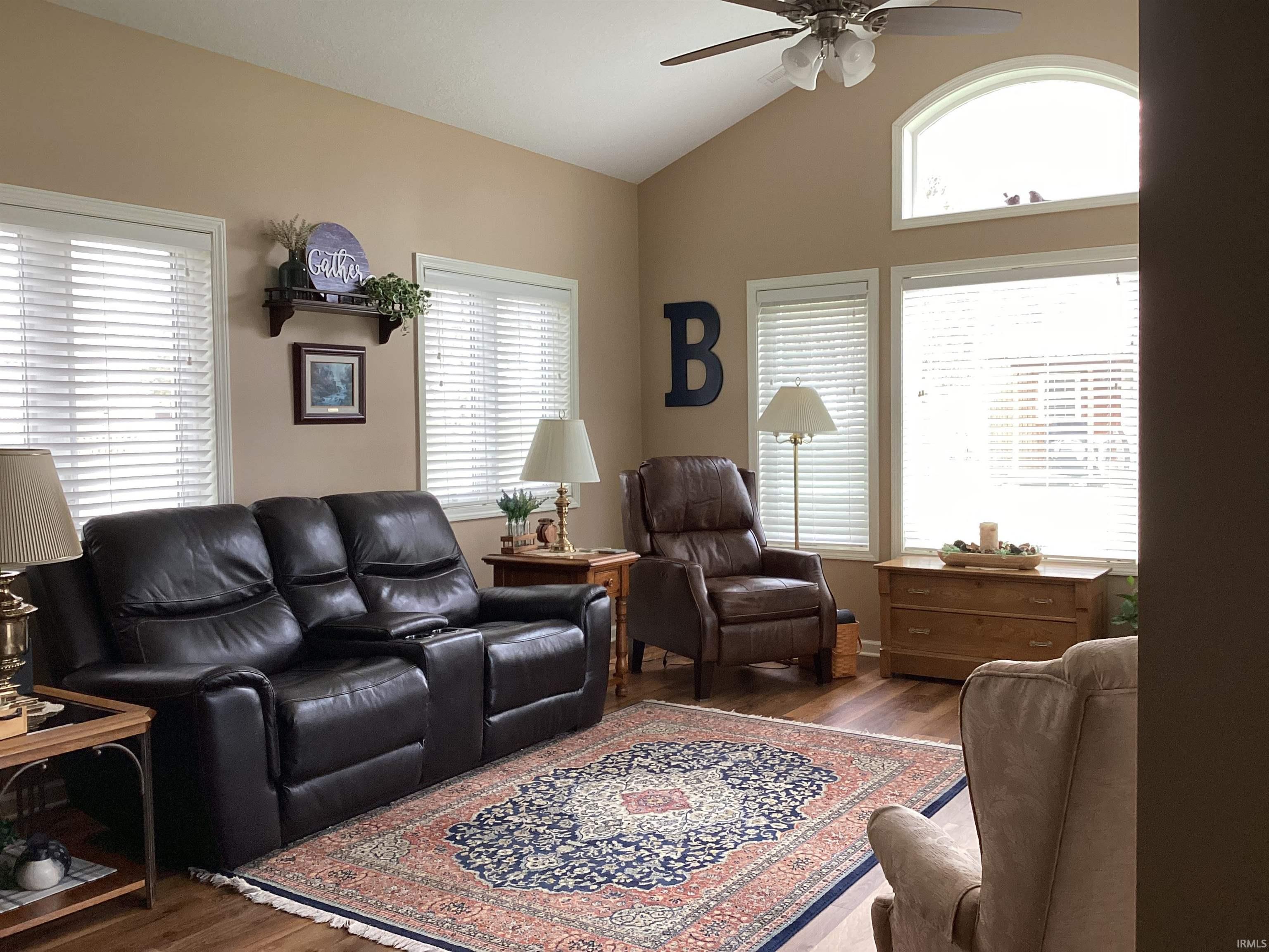 Living room featuring dark wood-style floors, lofted ceiling, ceiling fan, and plenty of natural light