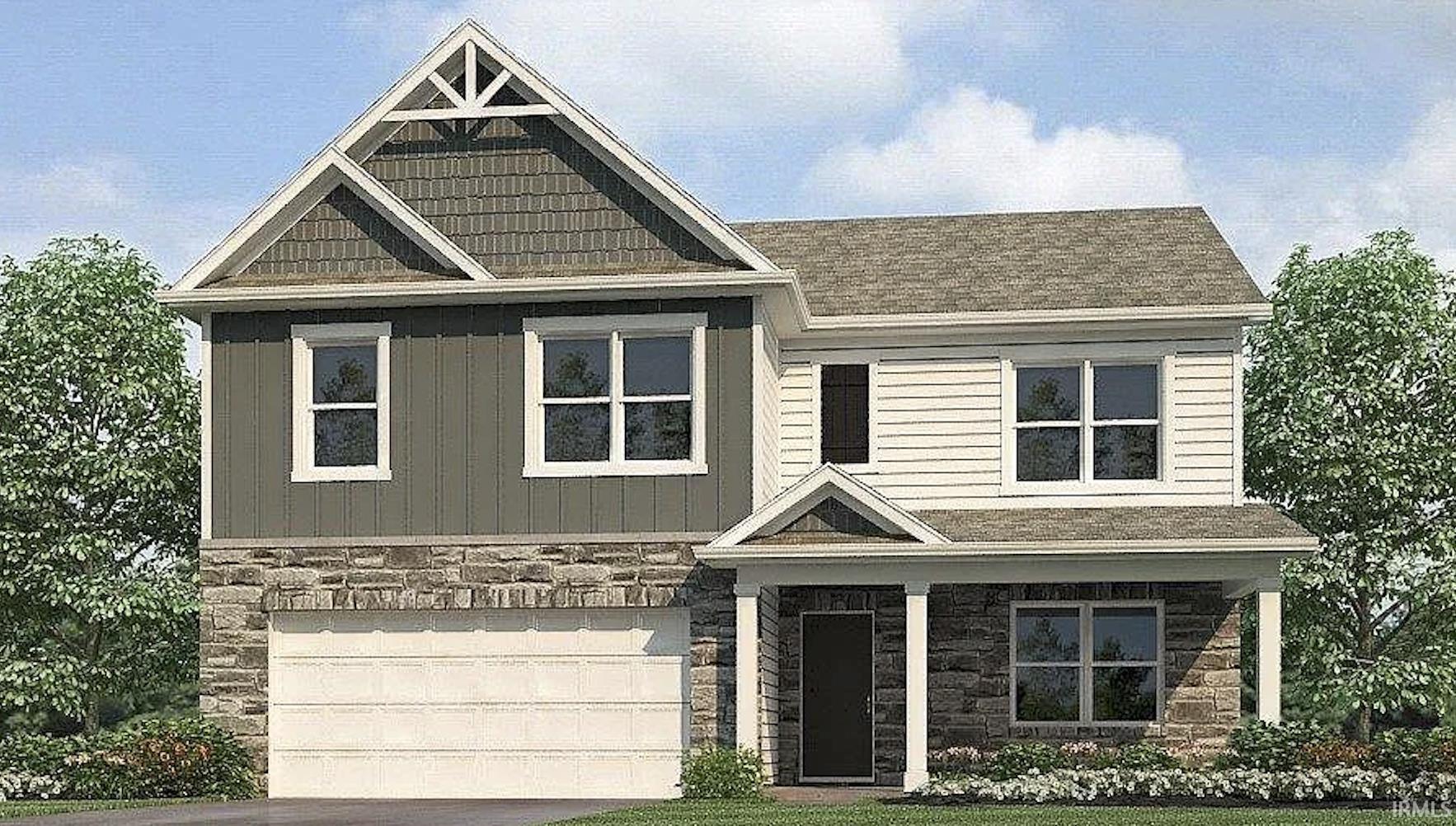 Craftsman-style house with stone siding, board and batten siding, a porch, a garage, and driveway