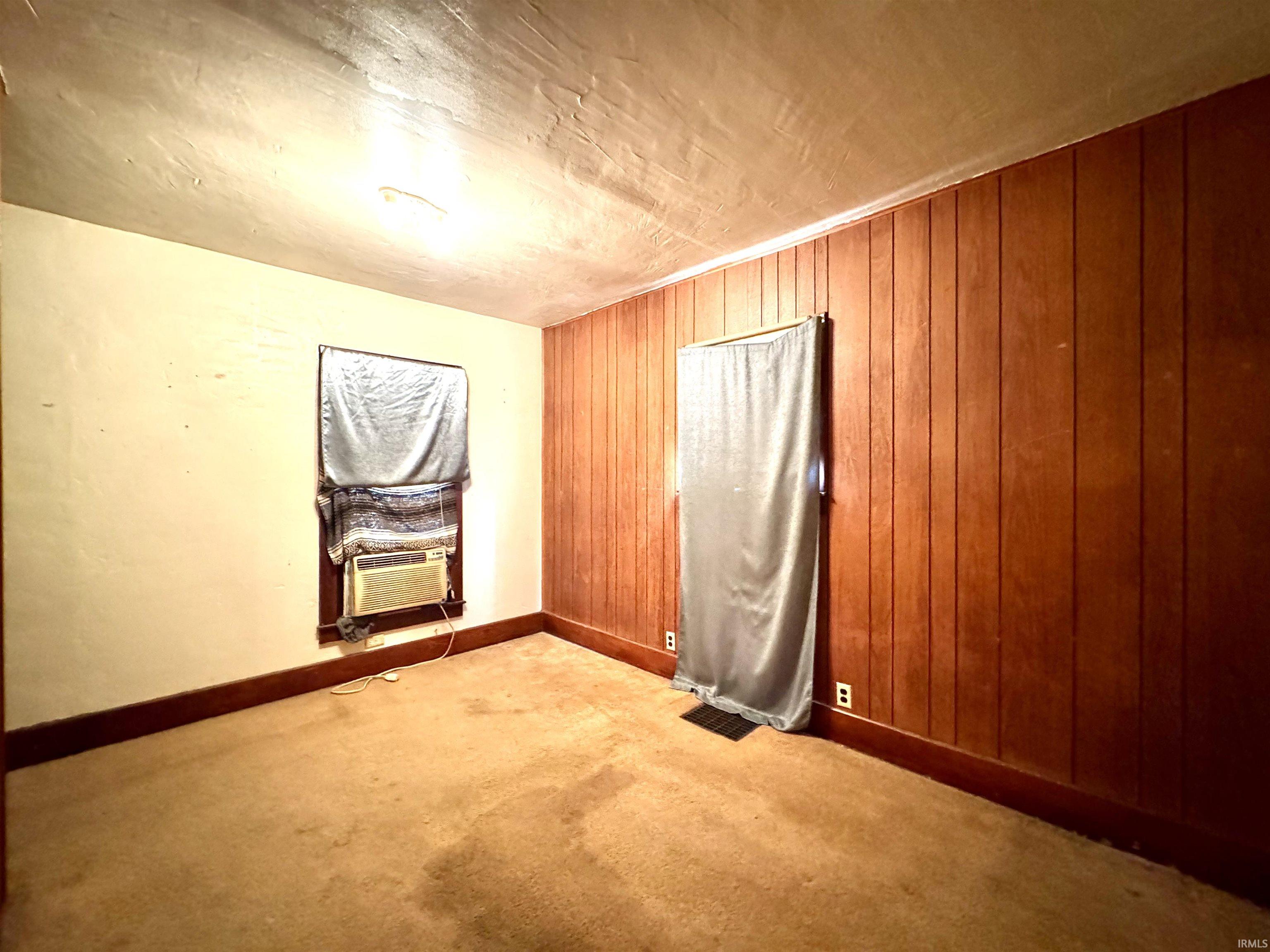 Spare room with light colored carpet and wooden walls