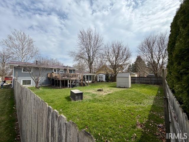 Back of property with a storage unit, a fenced backyard, and a wooden deck