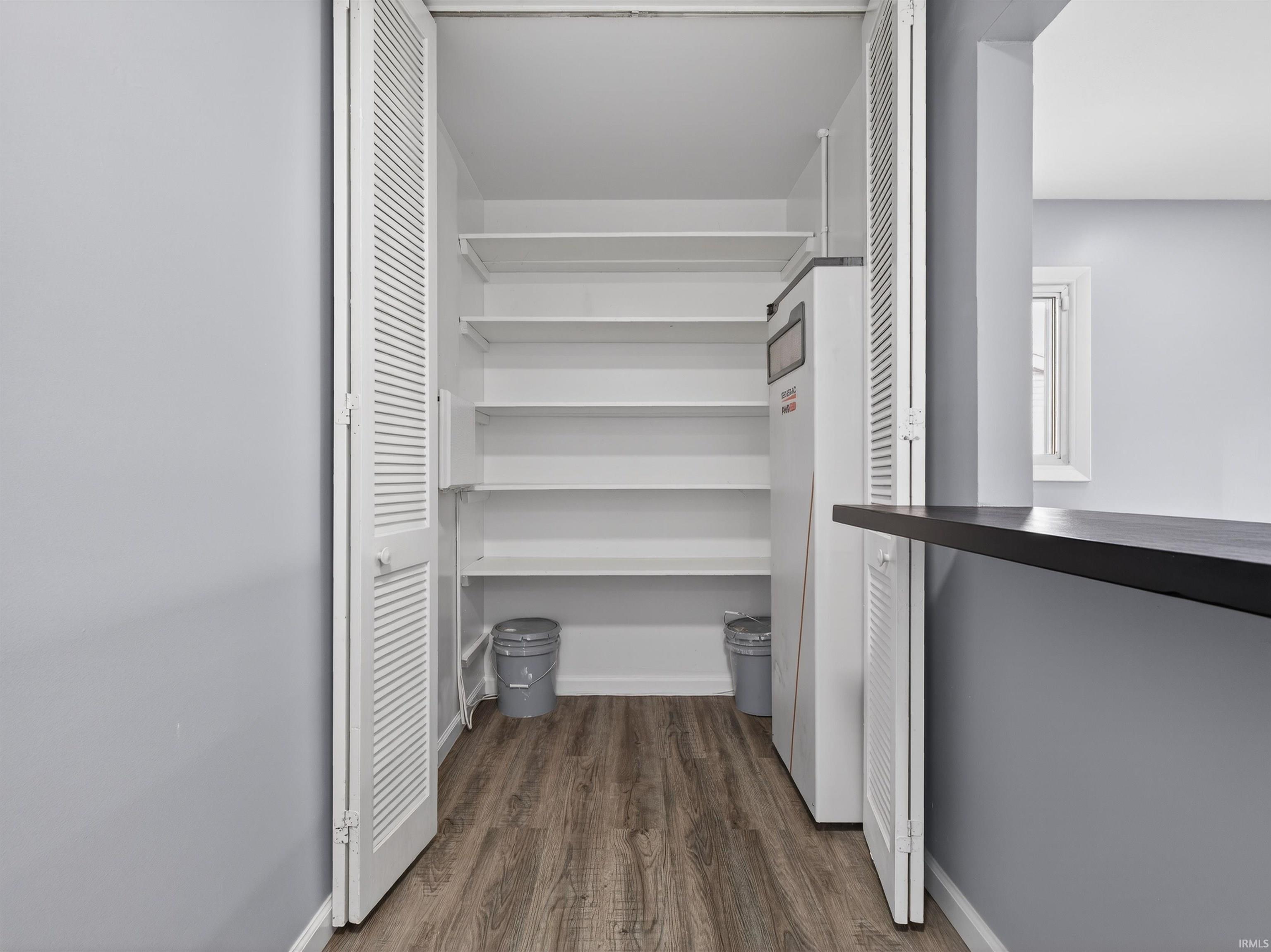 Walk in closet with dark wood-type flooring