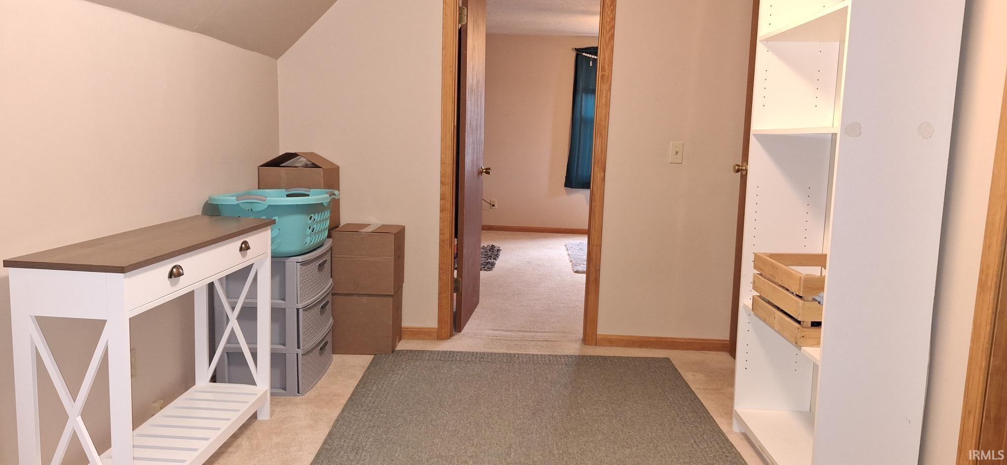 Laundry area featuring light colored carpet and lofted ceiling