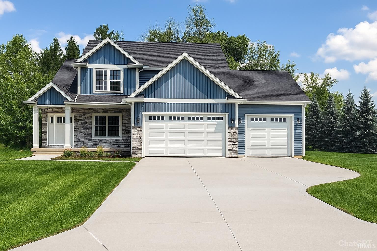 Craftsman inspired home featuring a front yard, a garage, concrete driveway, covered porch, and roof with shingles