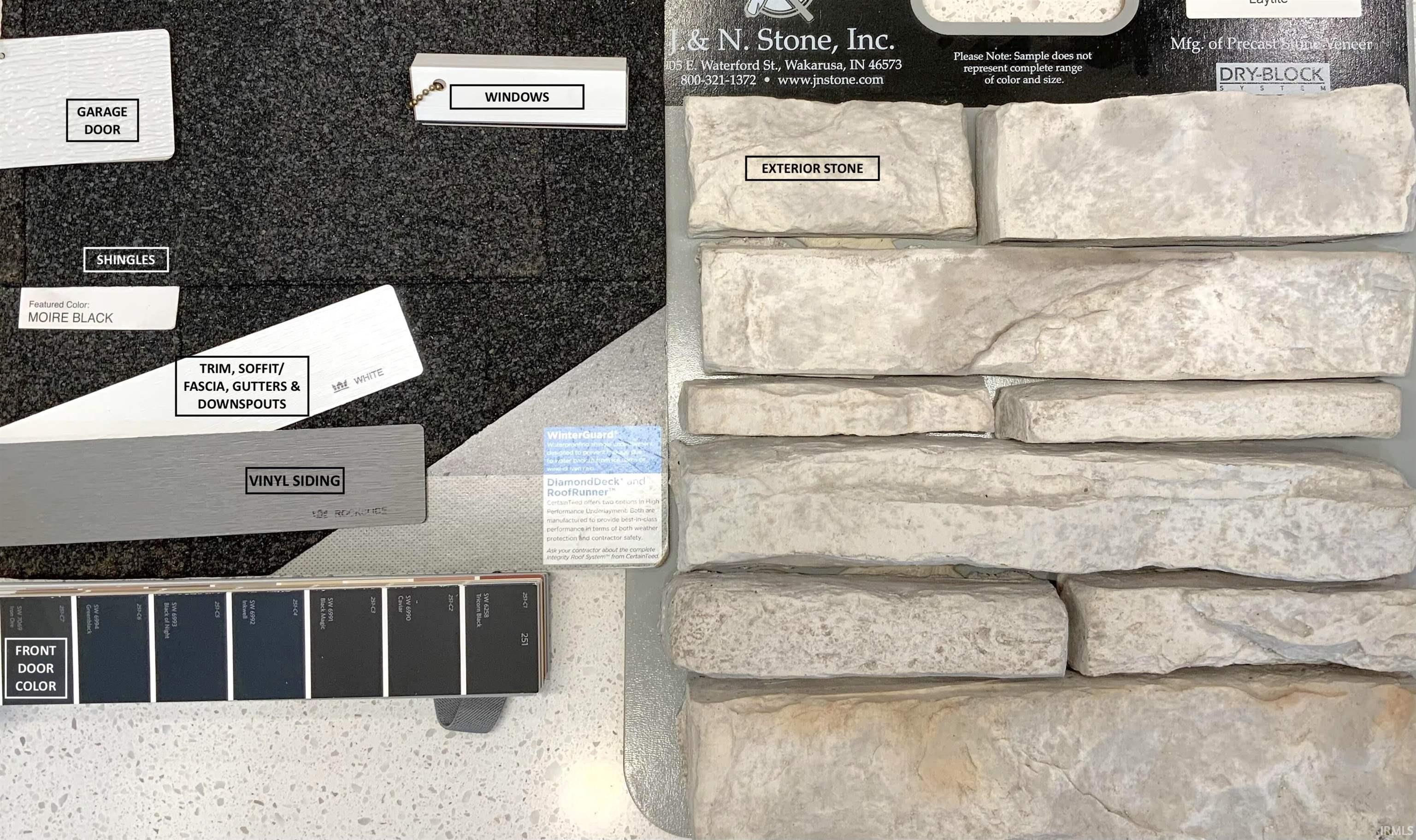 Material selection board featuring exterior finishes and color palettes