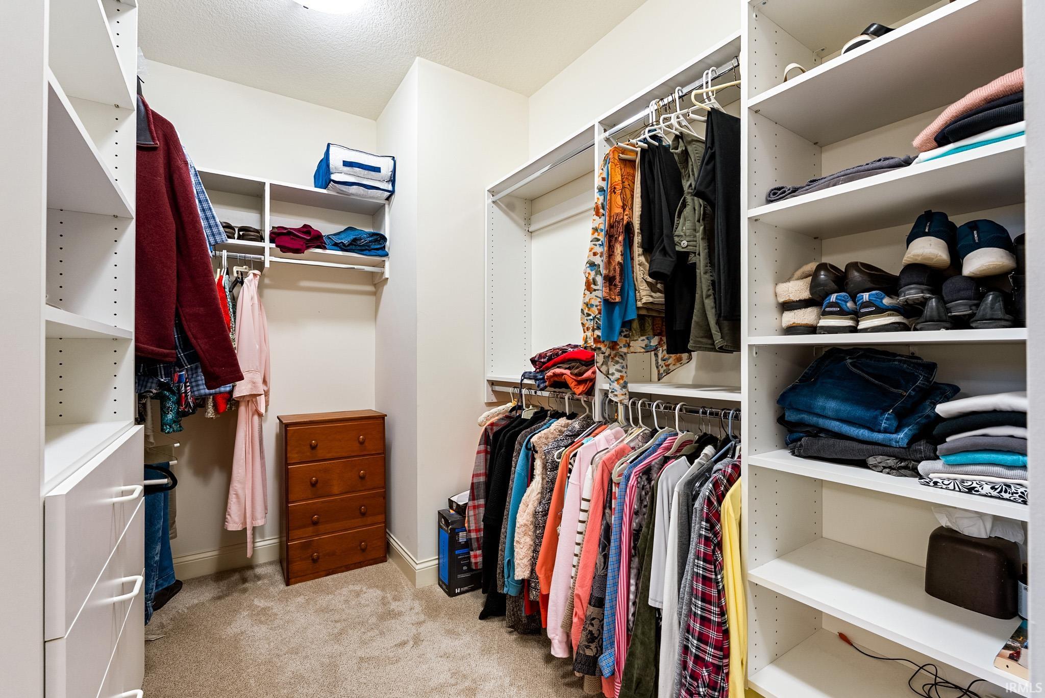 Walk in closet featuring light carpet