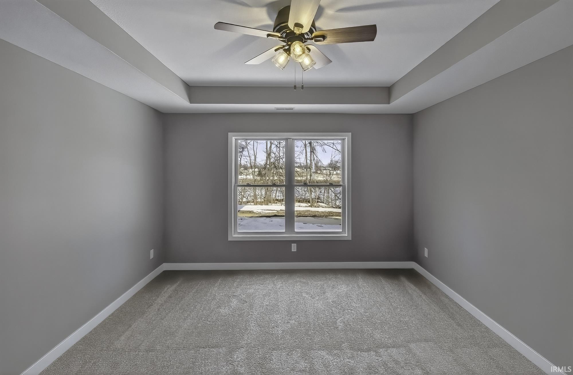 Unfurnished room with a tray ceiling, a ceiling fan, light carpet, and a water view