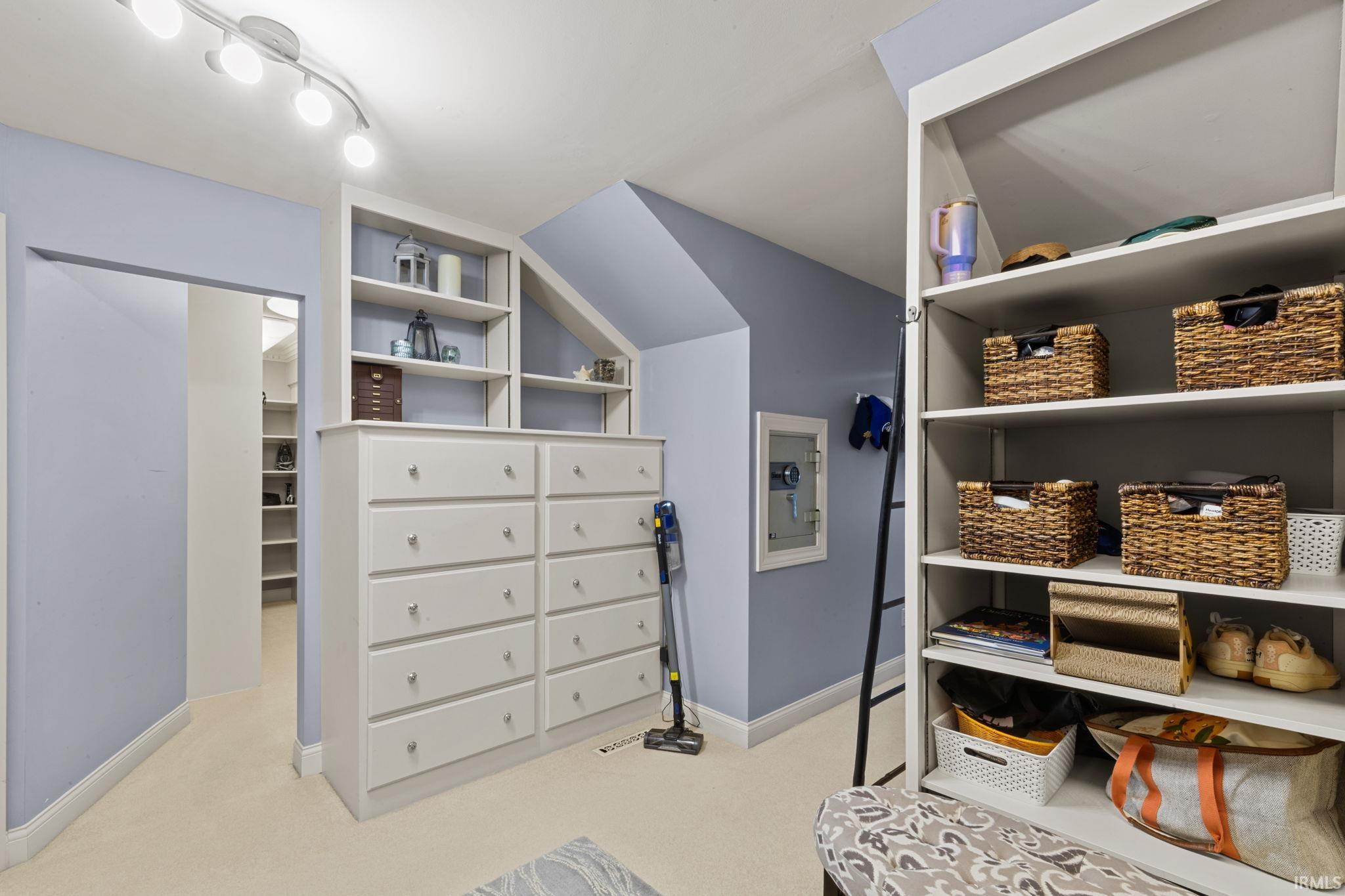 Walk in closet with light carpet