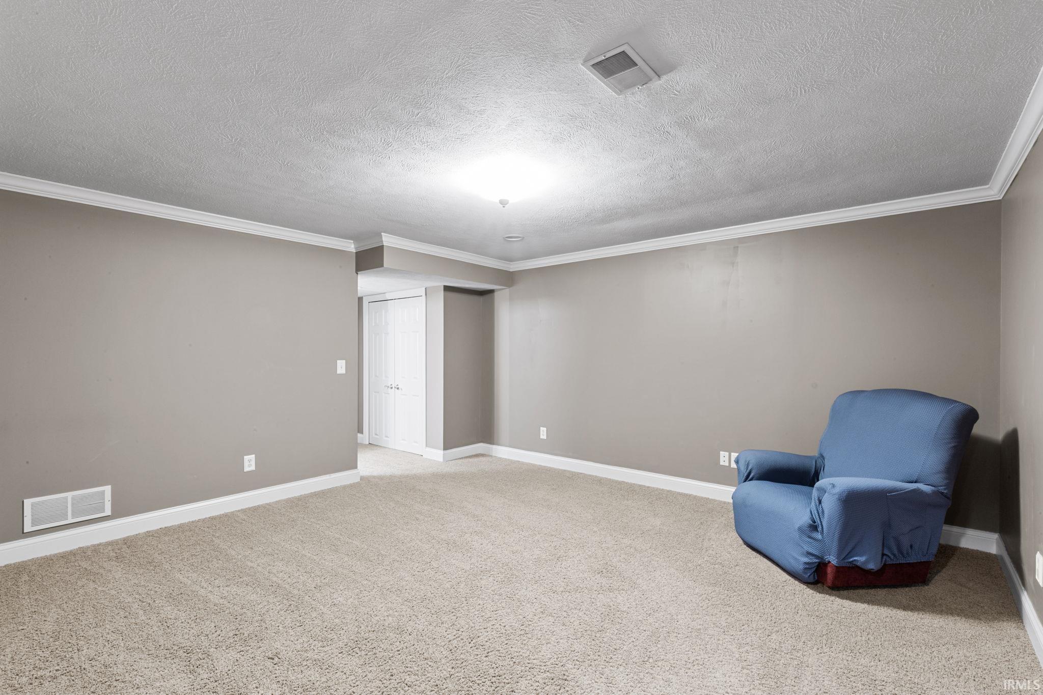 Unfurnished room with light colored carpet, ornamental molding, and a textured ceiling