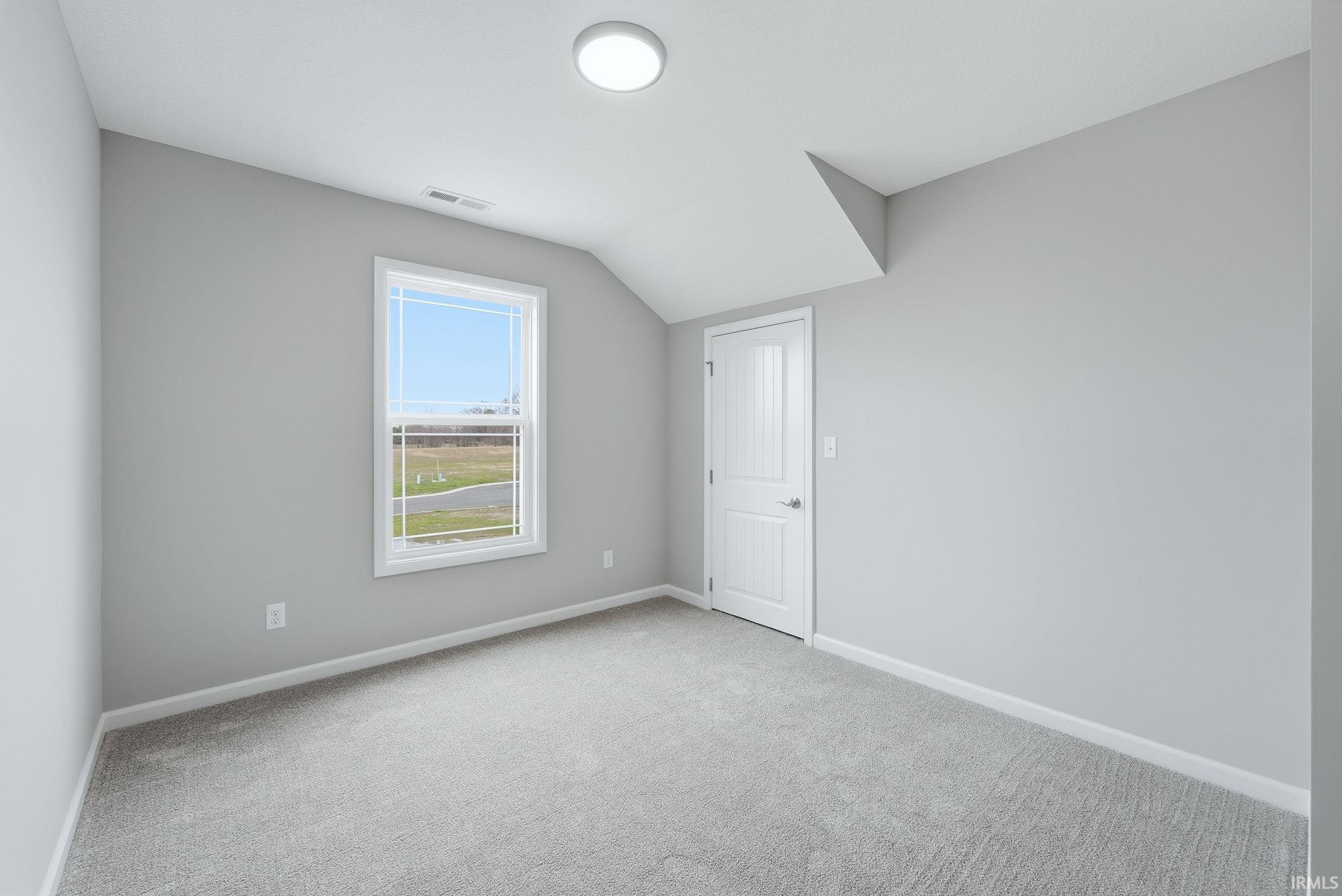 Bonus room with vaulted ceiling and light carpet