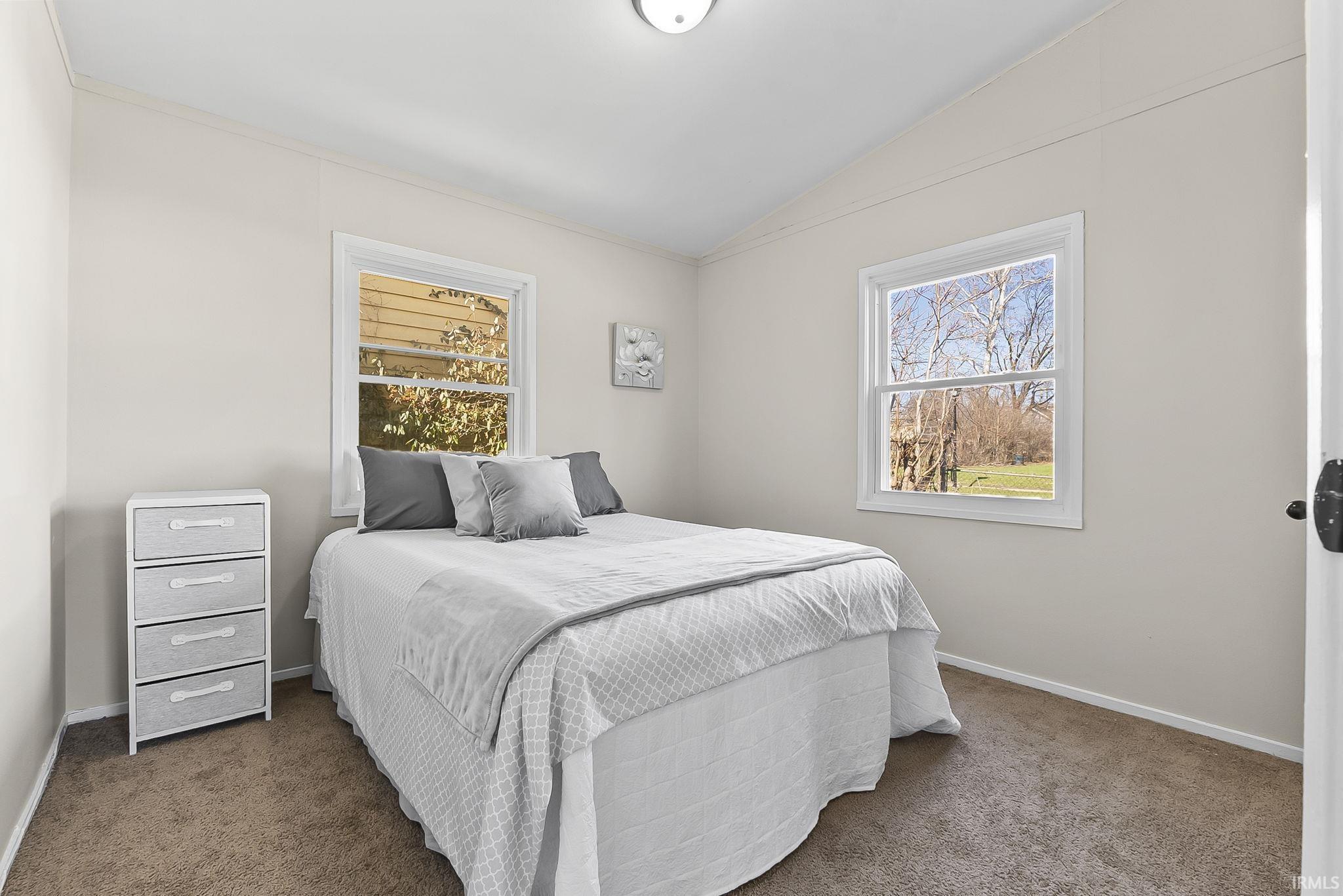 Bedroom featuring lofted ceiling, carpet floors, and multiple windows