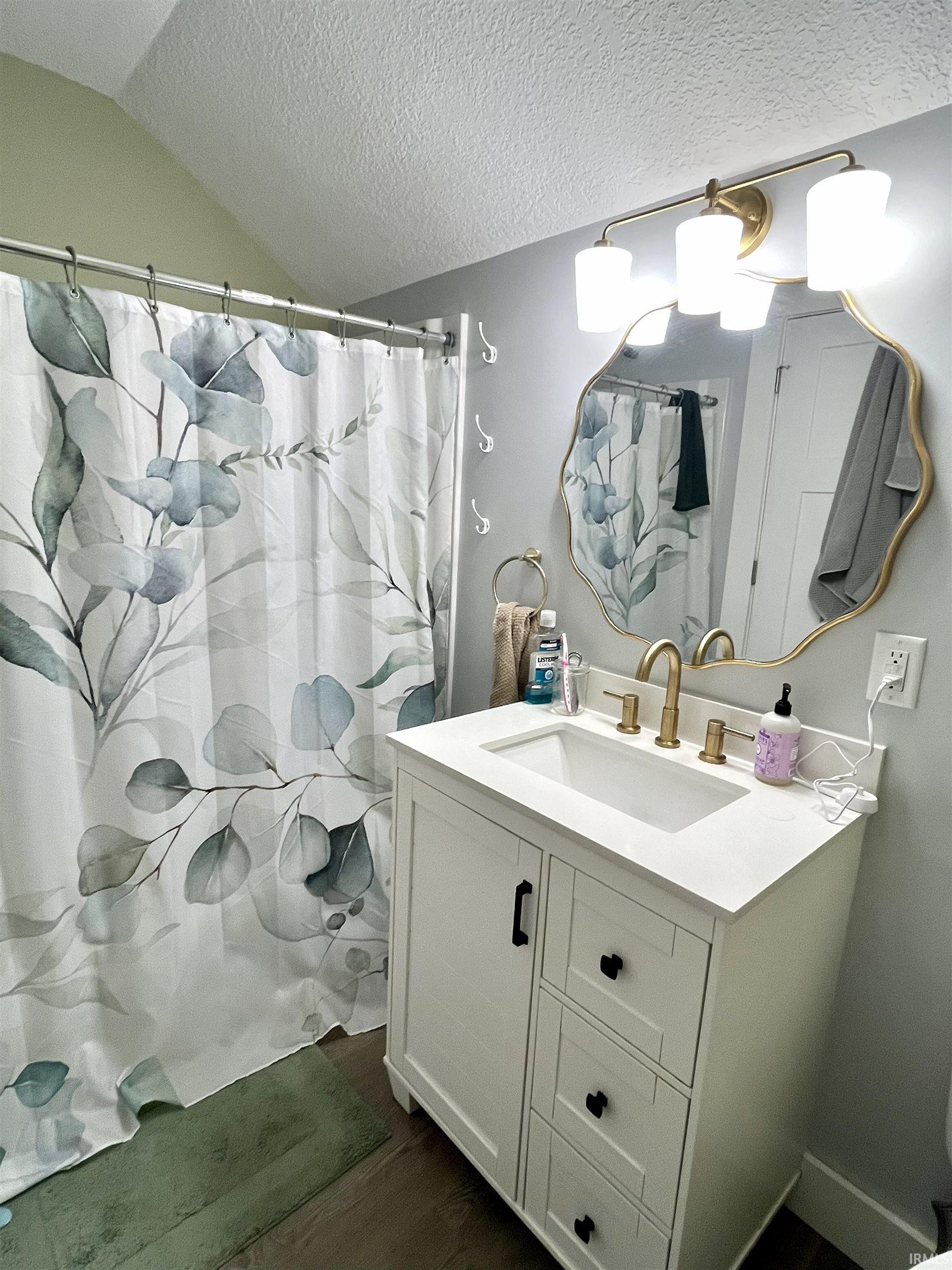 Bathroom featuring vanity, a shower with curtain, and dark wood-style flooring