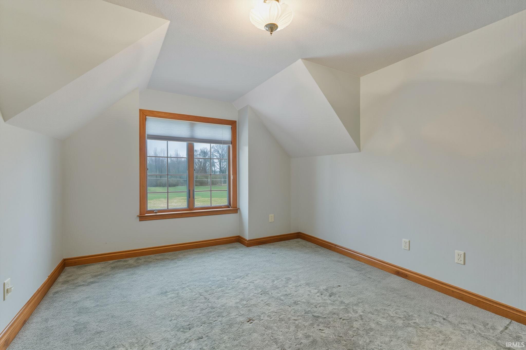 Additional living space featuring light carpet and vaulted ceiling