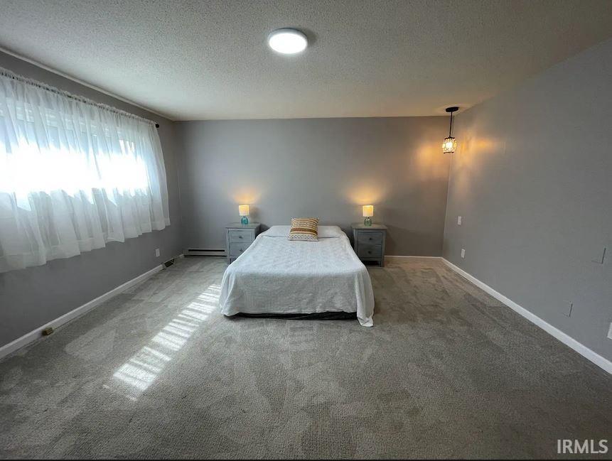 Large primary bedroom featuring a textured ceiling, carpet floors.
