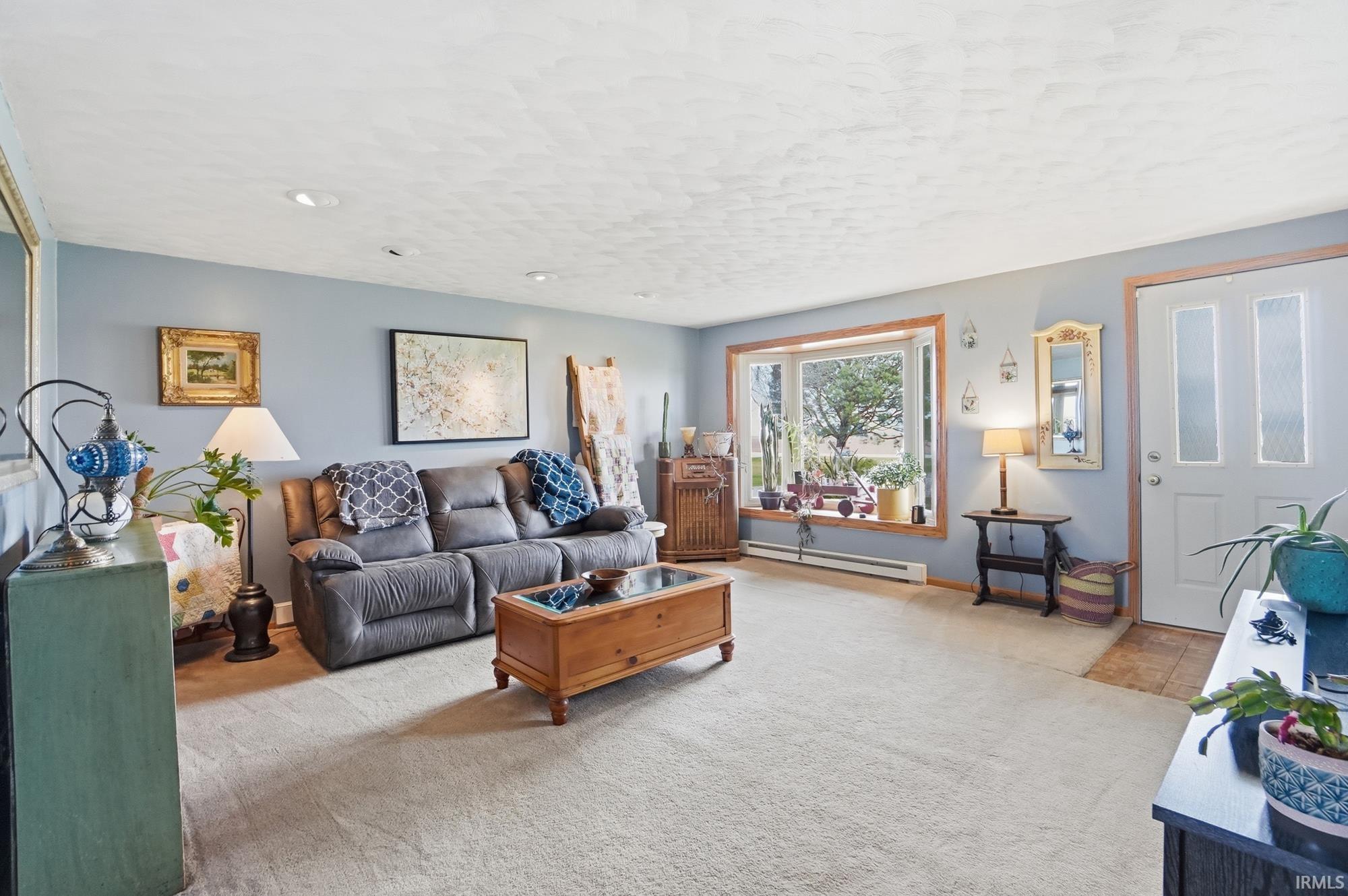 Living room with light colored carpet and baseboard heating