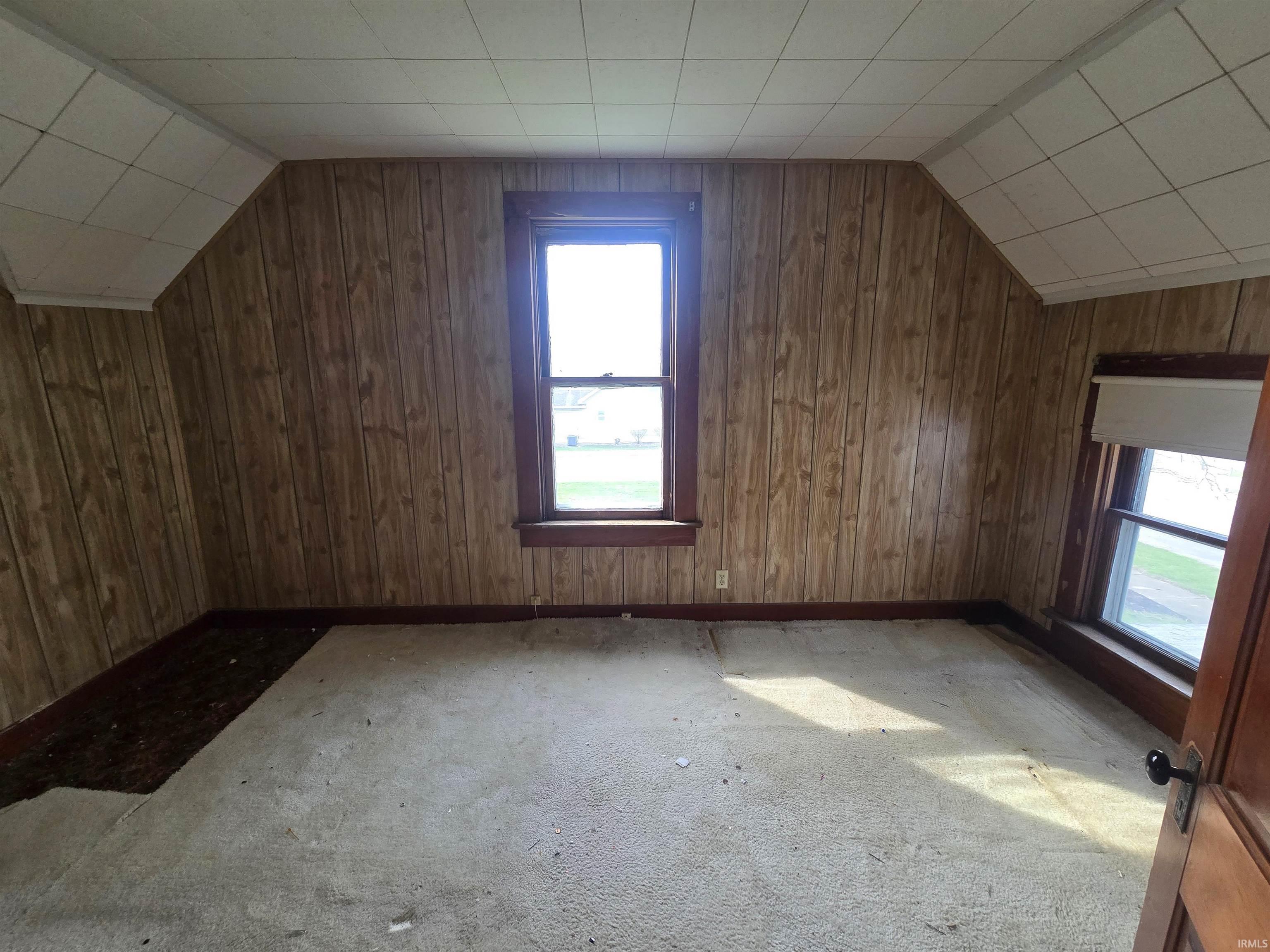 Bonus room with light carpet, wooden walls, and lofted ceiling