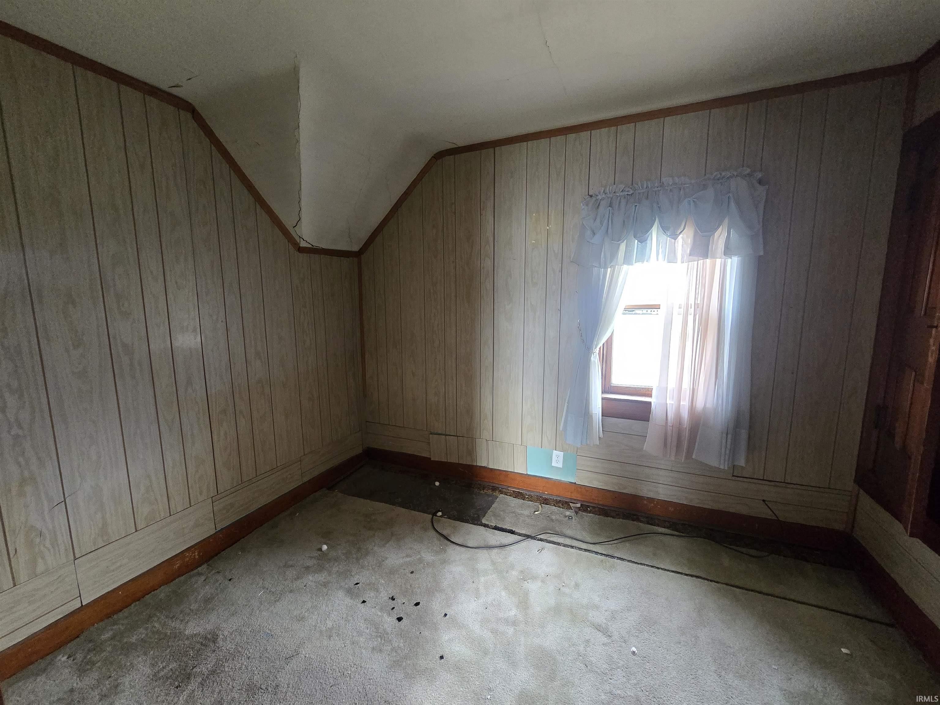 Bonus room featuring wooden walls, carpet flooring, and lofted ceiling