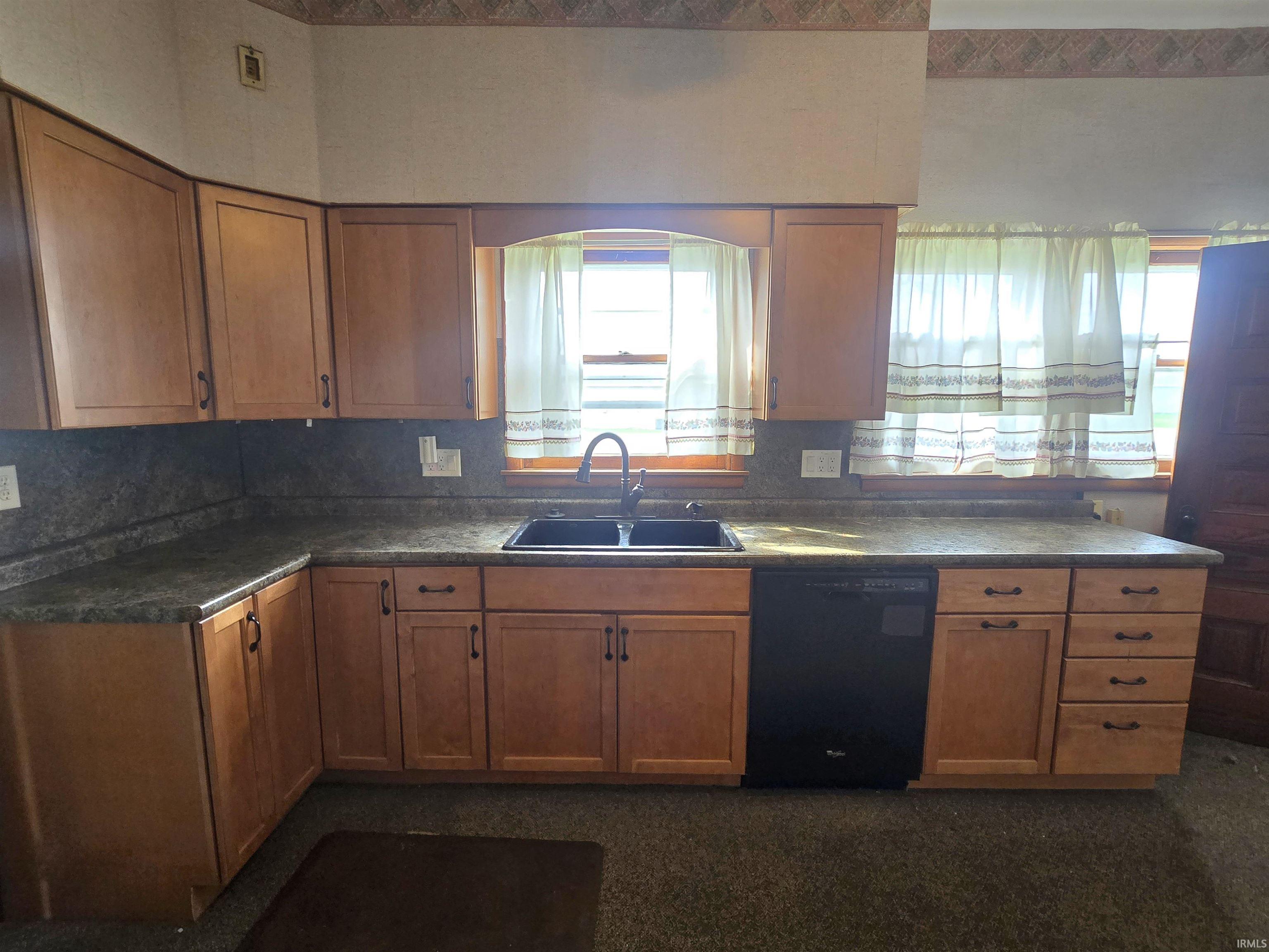 Kitchen with dark countertops, dishwasher, and wood finish cabinets