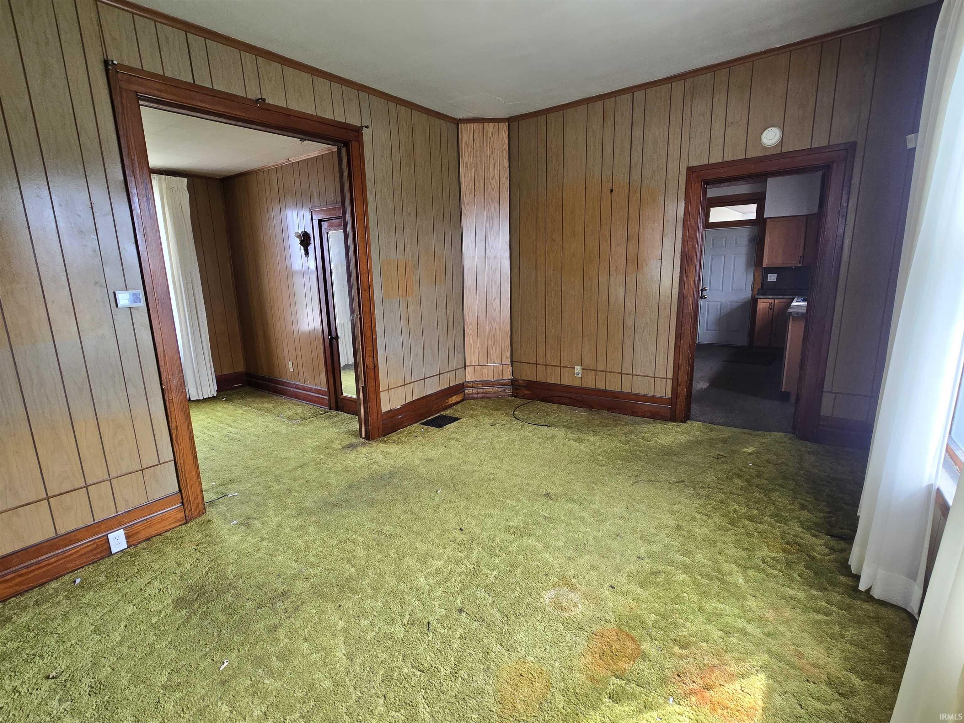 Carpeted spare room featuring wood walls