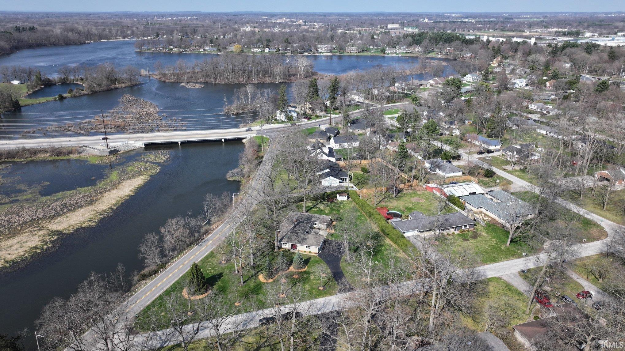 Aerial view of a nearby body of water
