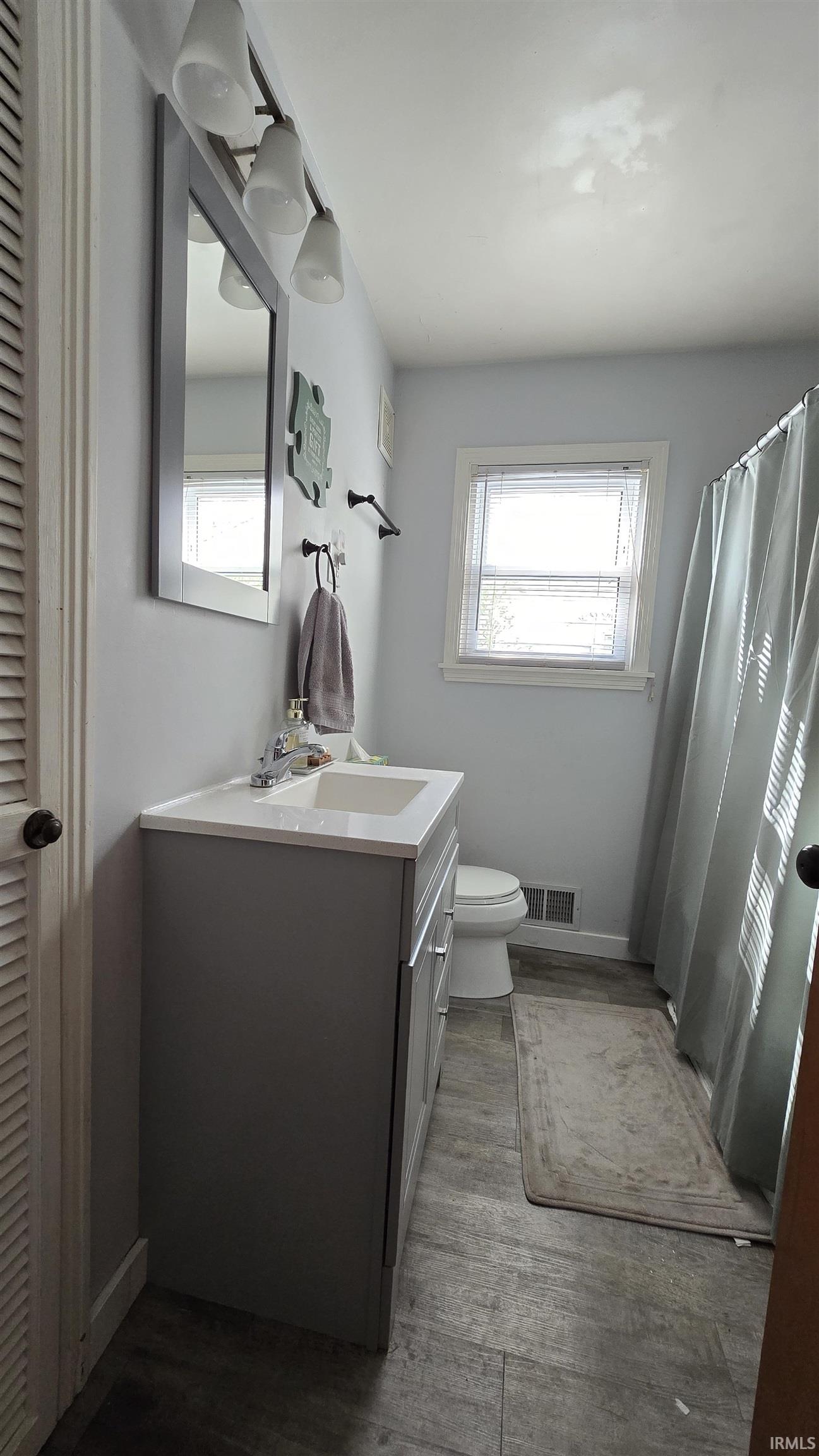 Full bathroom with vanity, dark wood-type flooring, plenty of natural light, and a closet