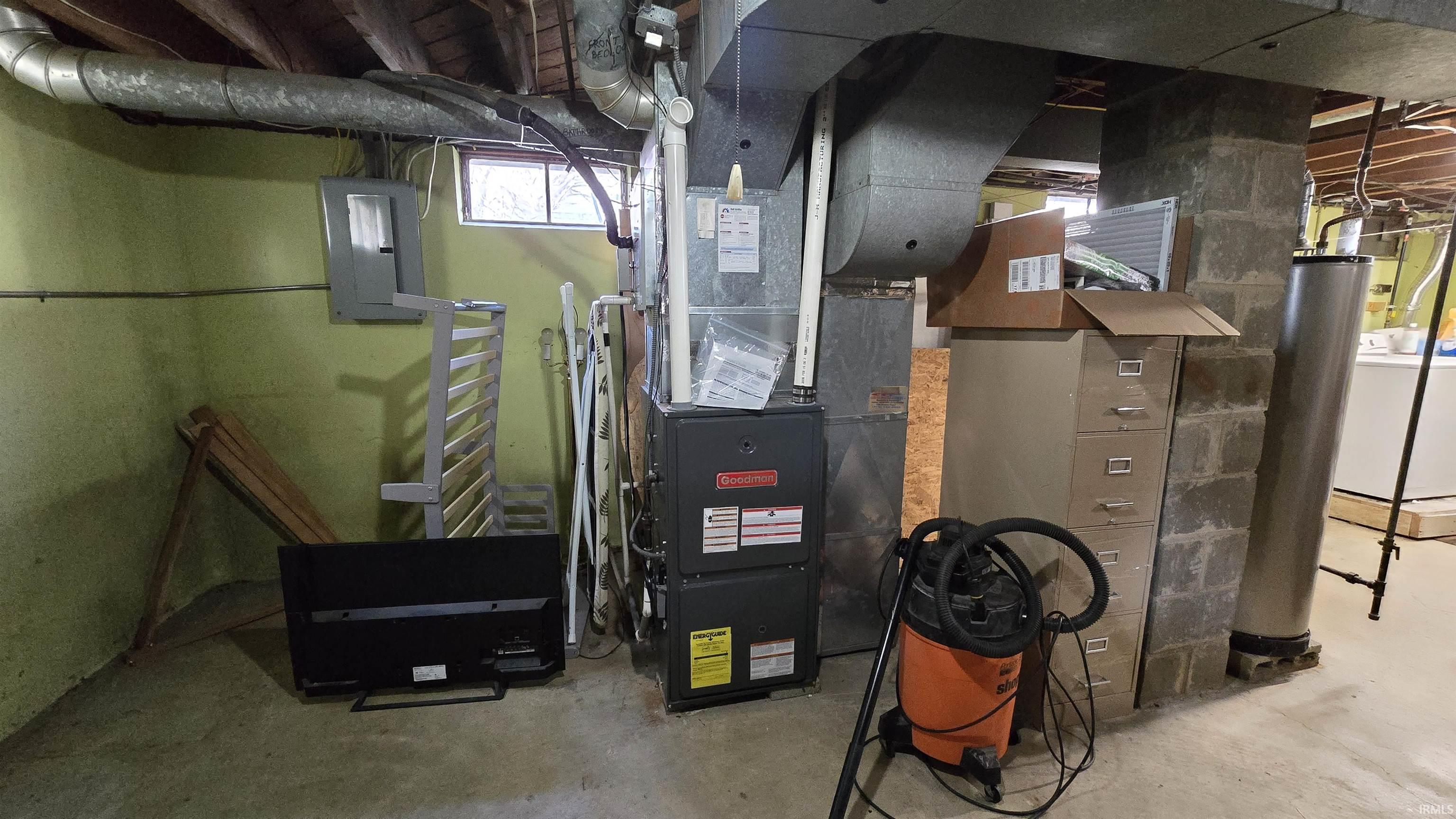 Utilities featuring water heater, washer / dryer, electric panel, and heating unit