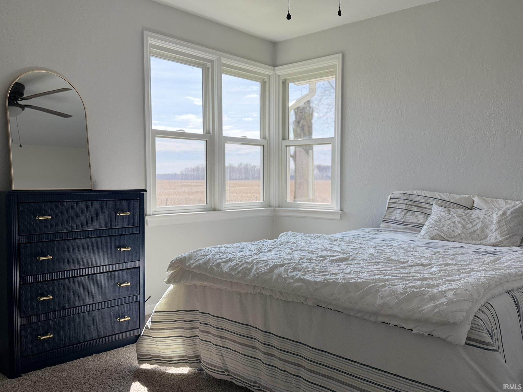 Carpeted bedroom featuring a ceiling fan