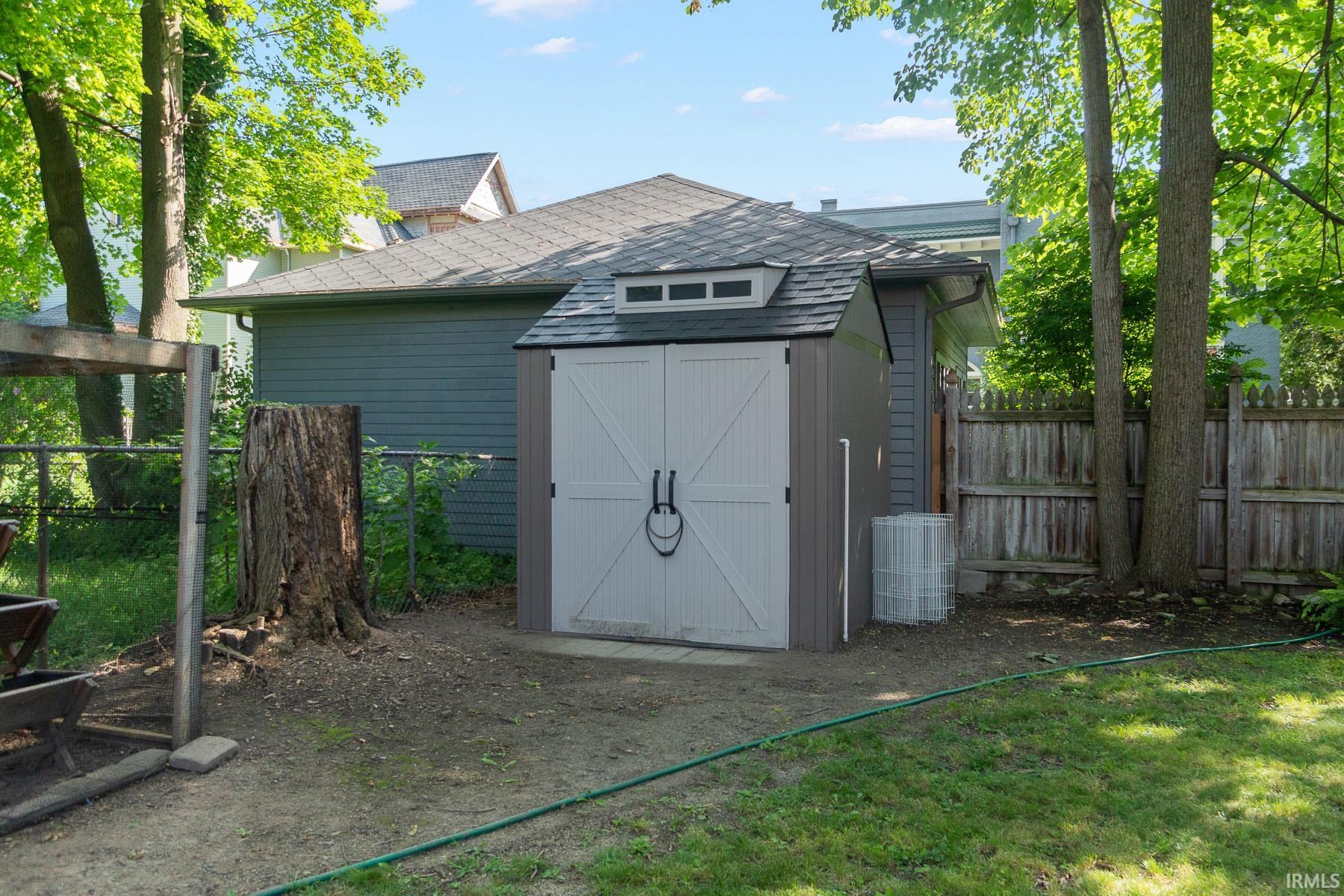 View of shed with a fenced backyard