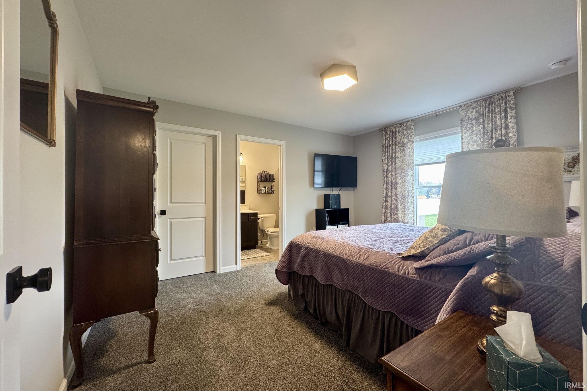 Carpeted bedroom with ensuite bathroom and baseboards