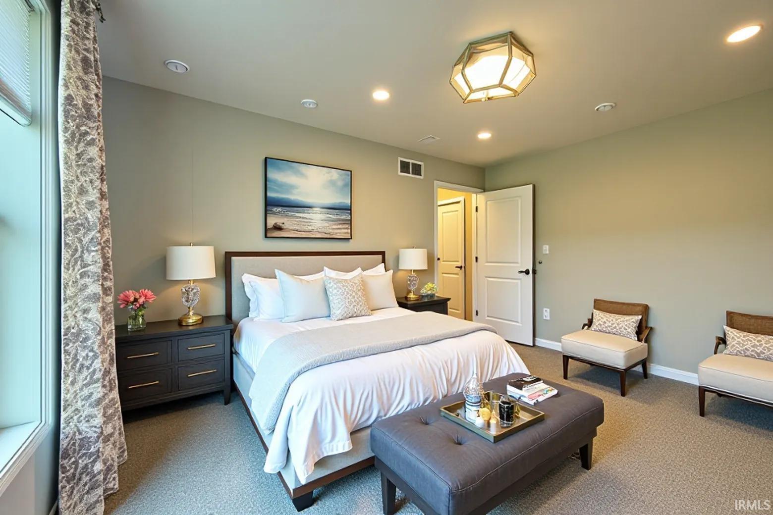 Recessed lighting, central ceiling light fixture, wood-frame bed with upholstered headboard, interior door with dark hardware, and carpet flooring
