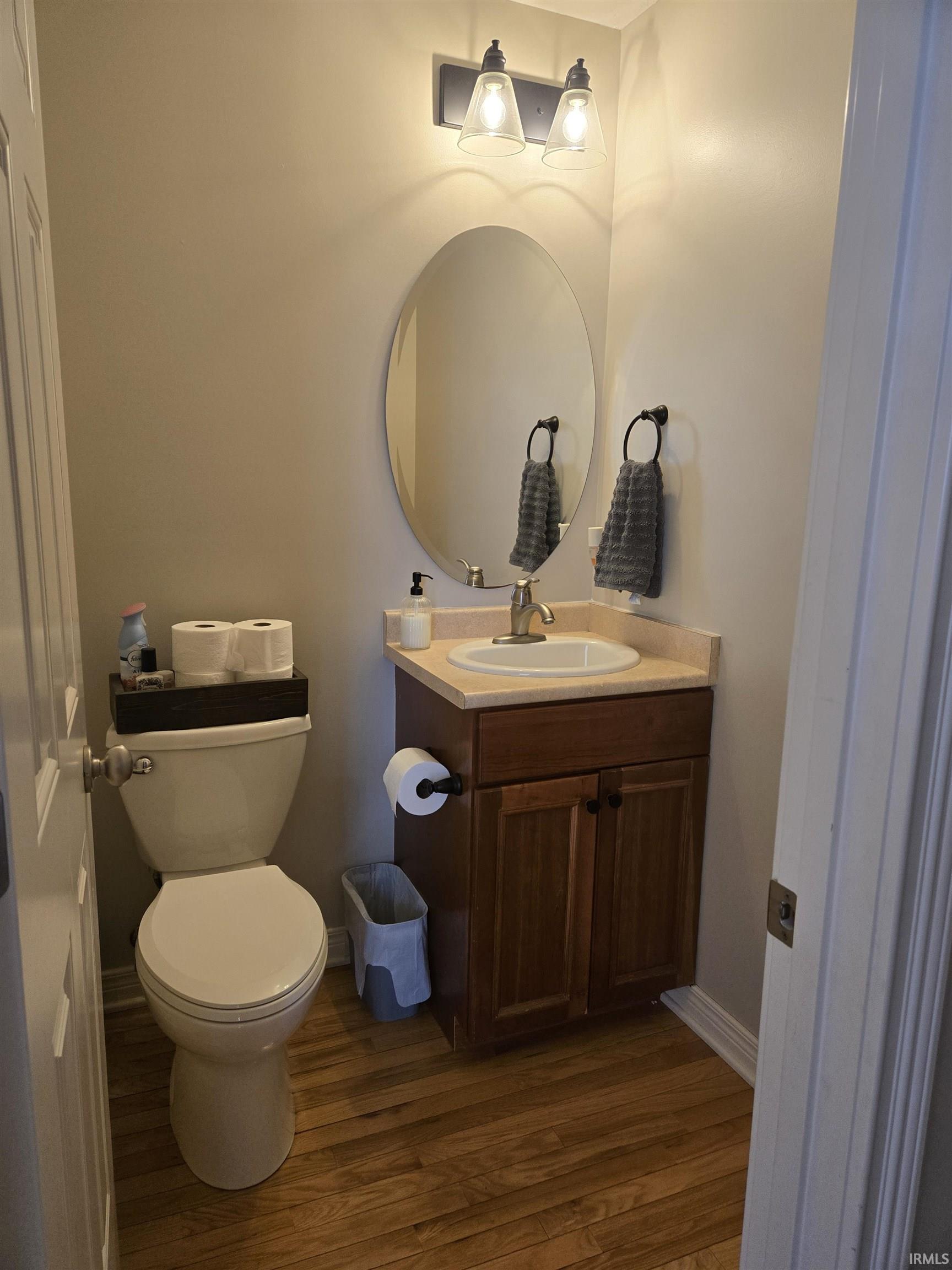 Bathroom featuring vanity and dark wood-style floors